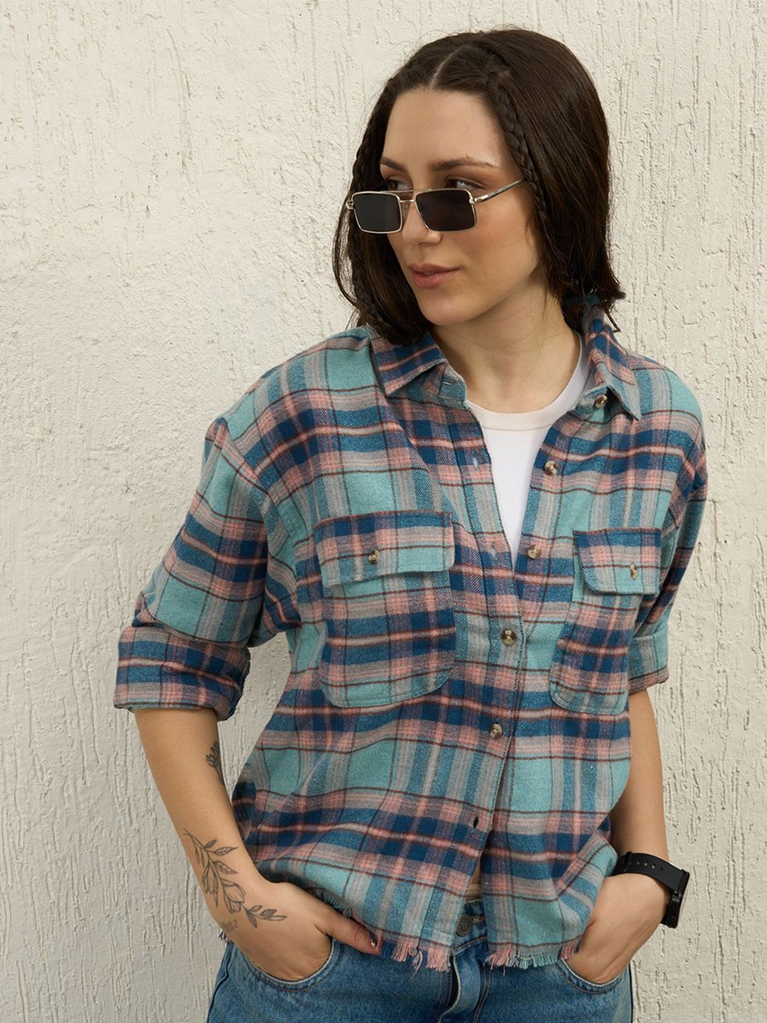 

Hubberholme Women Standard Tartan Checks Oversized Pure Cotton Casual Shirt, Blue
