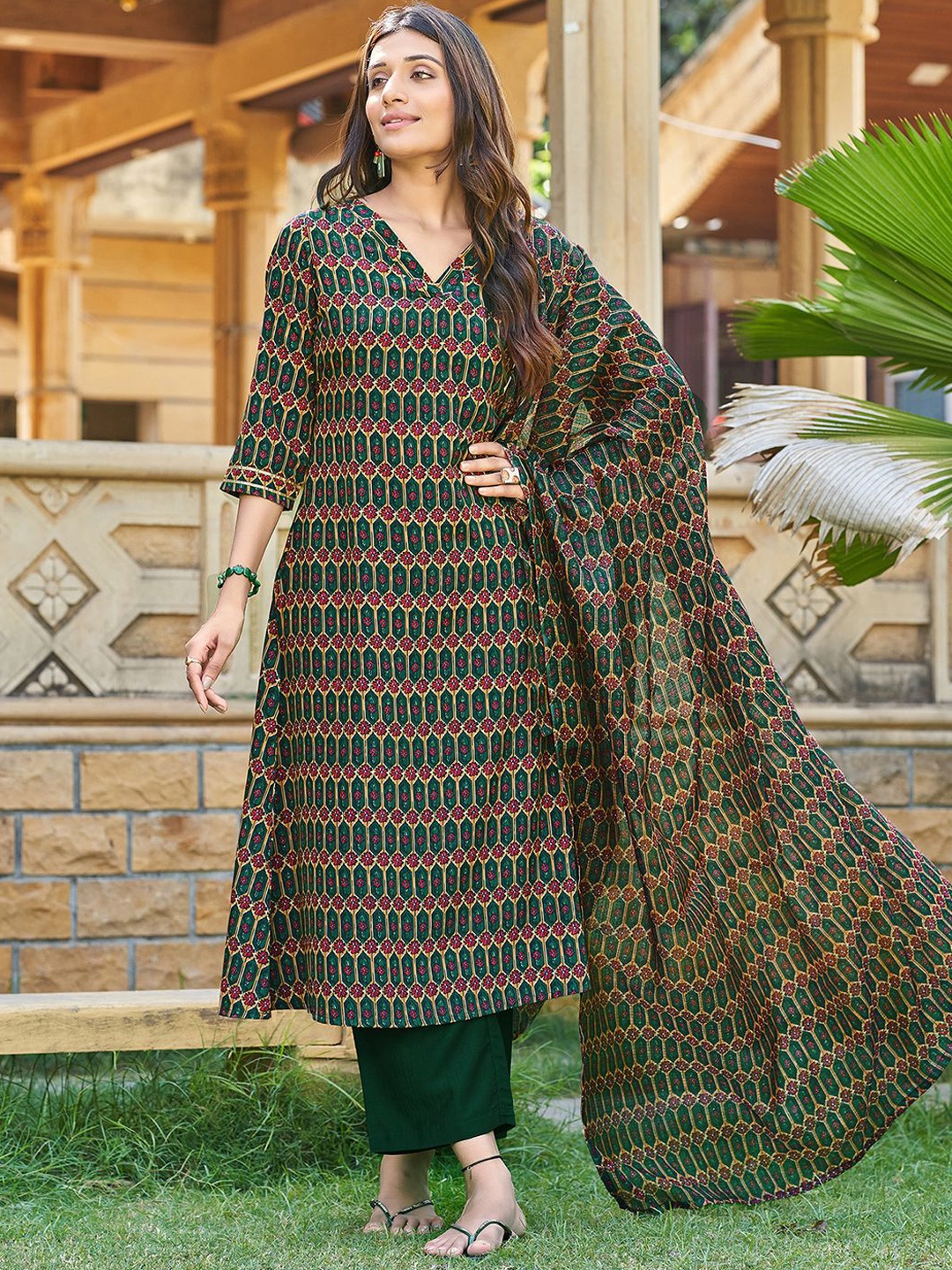 

KALINI Floral Printed V-Neck A-Line Kurta with Palazzo & Dupatta, Green