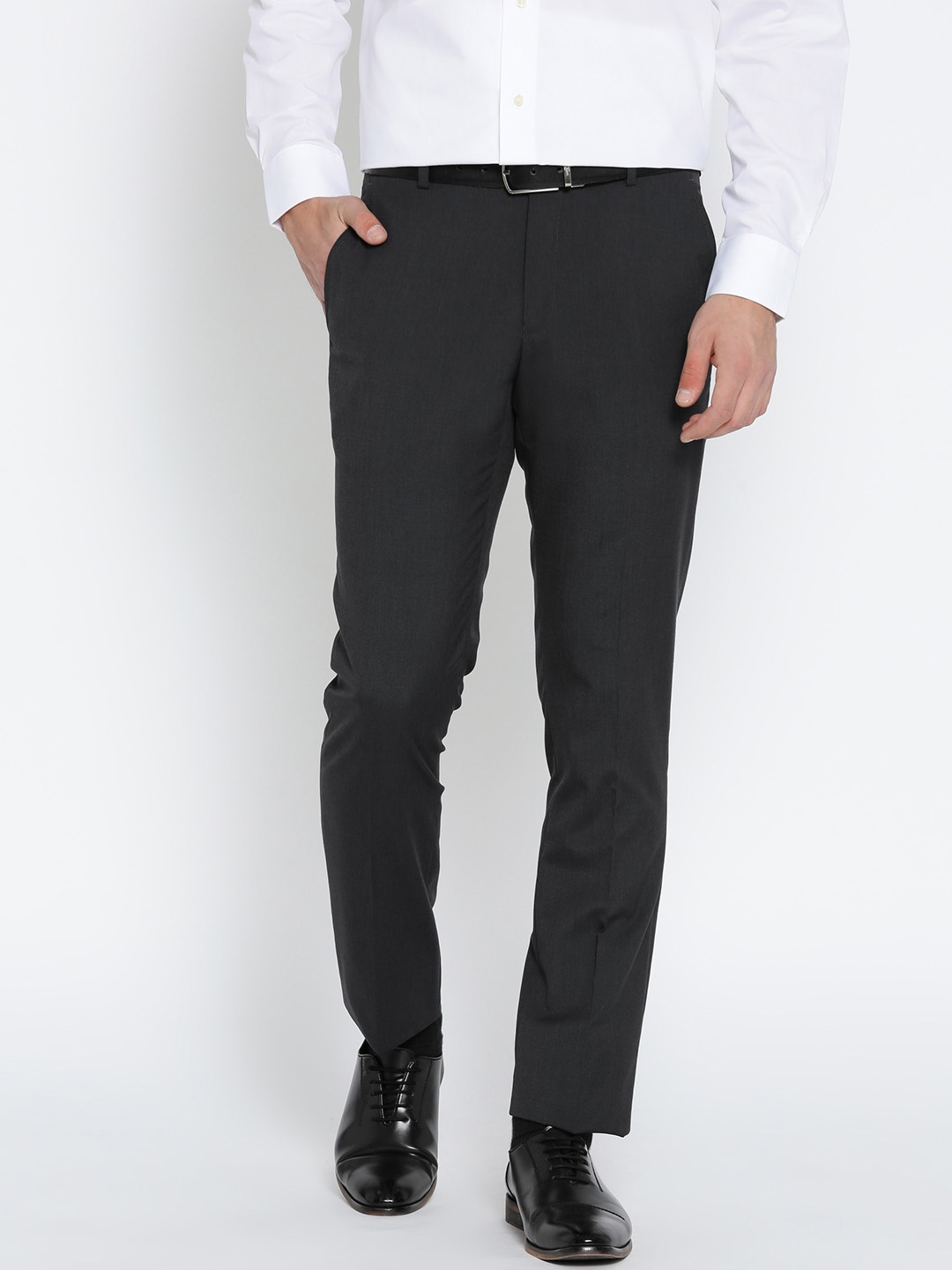 

John Players Men Charcoal Grey Slim Fit Solid Formal Trousers