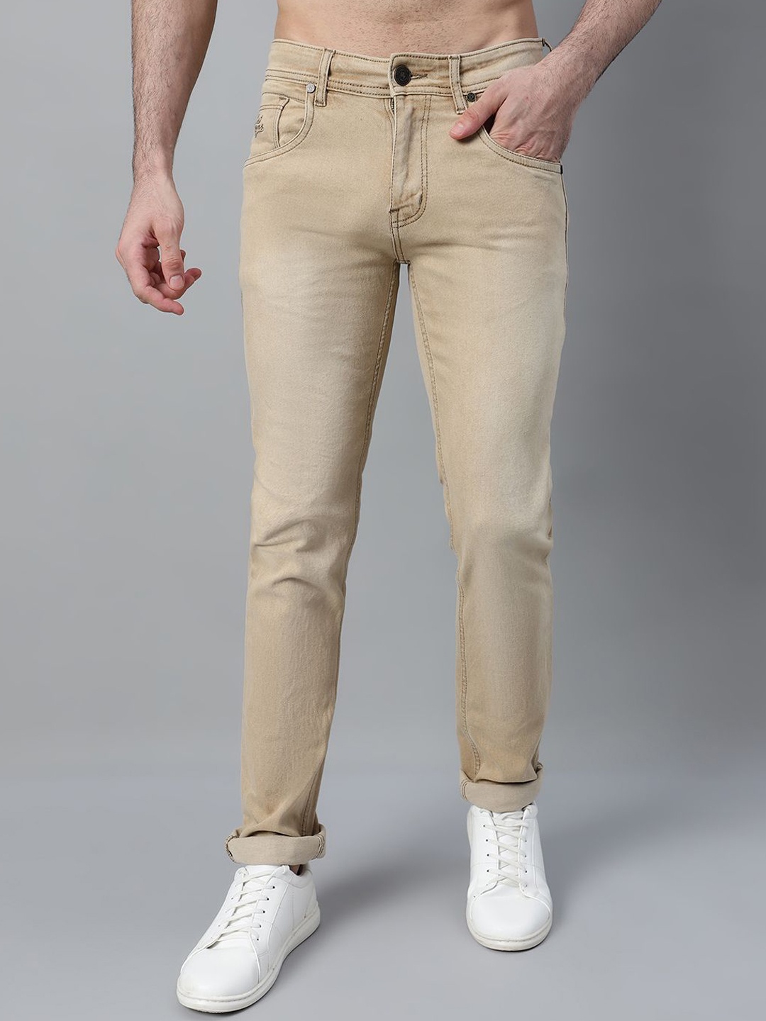 

Cantabil Men Comfort Mid-Rise Light Fade Jeans, Khaki