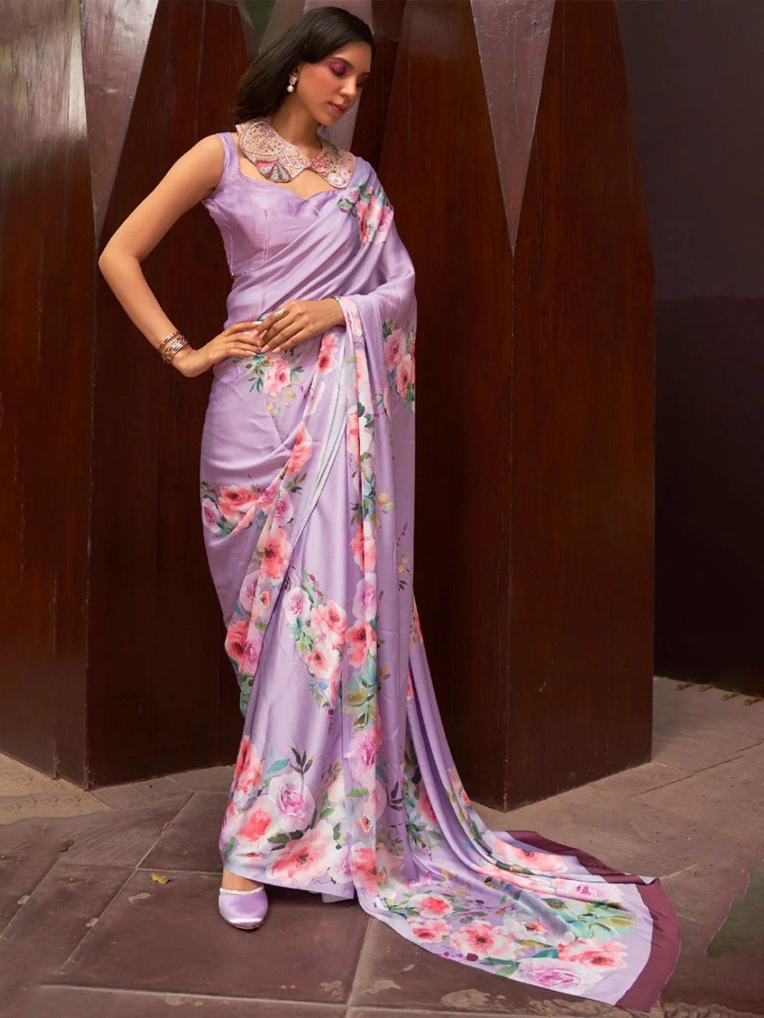 

Nimidiya Floral Print Saree with Blouse, Lavender
