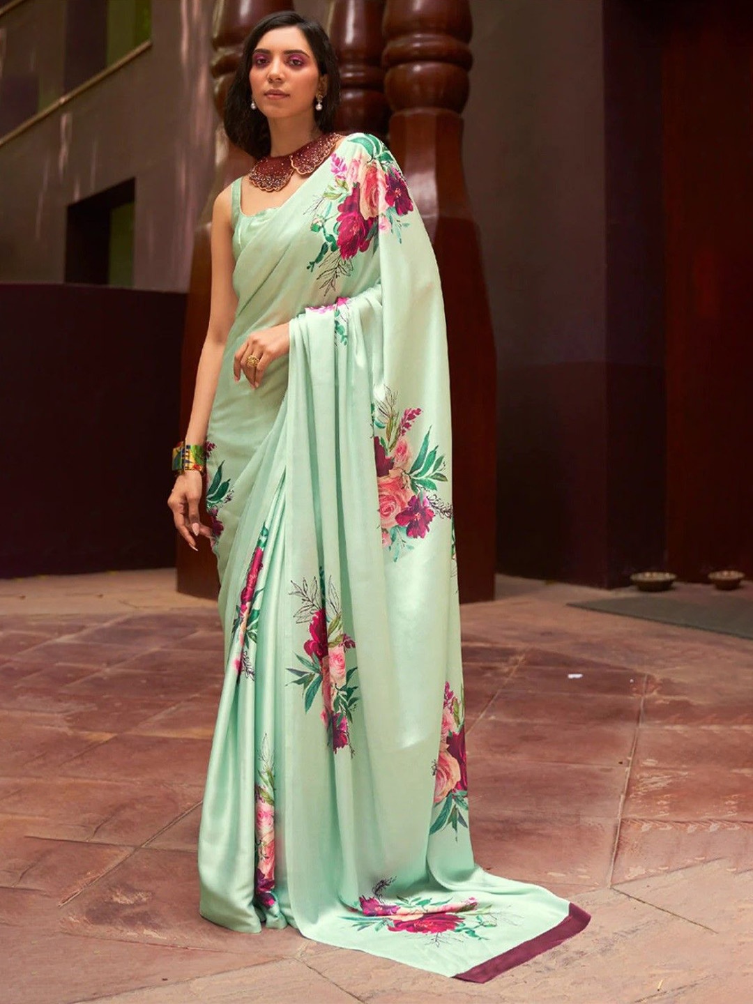 

Nimidiya Floral Print Saree with Blouse, Sea green