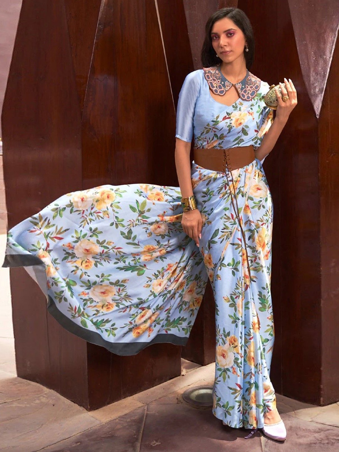 

Nimidiya Floral Saree with Blouse, Blue