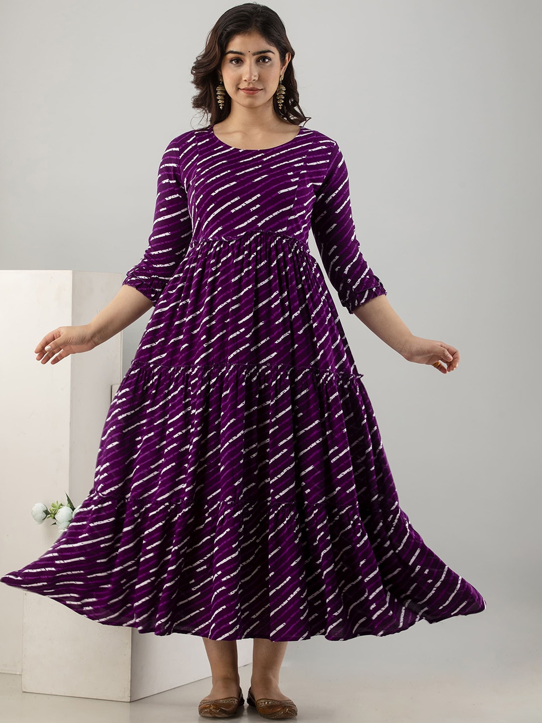 

Henal Striped Maternity Anarkali Tiered Cotton Kurta, Purple