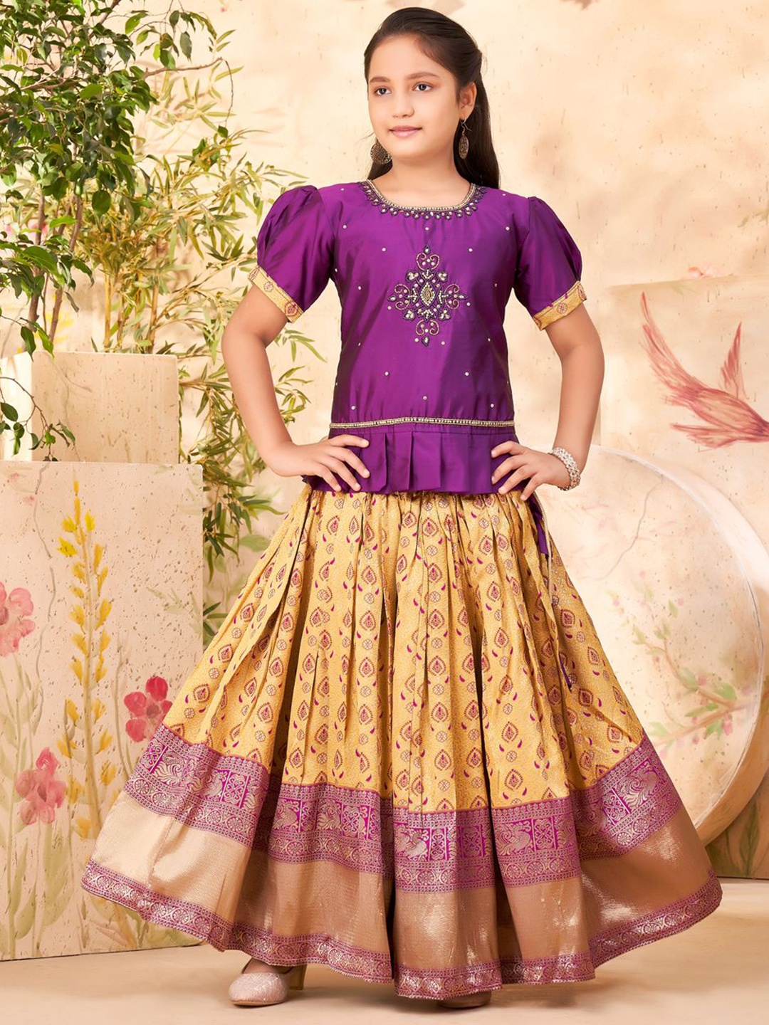 

BAESD Girls Embroidered Beads and Stones Ready to Wear Lehenga & Blouse, Purple