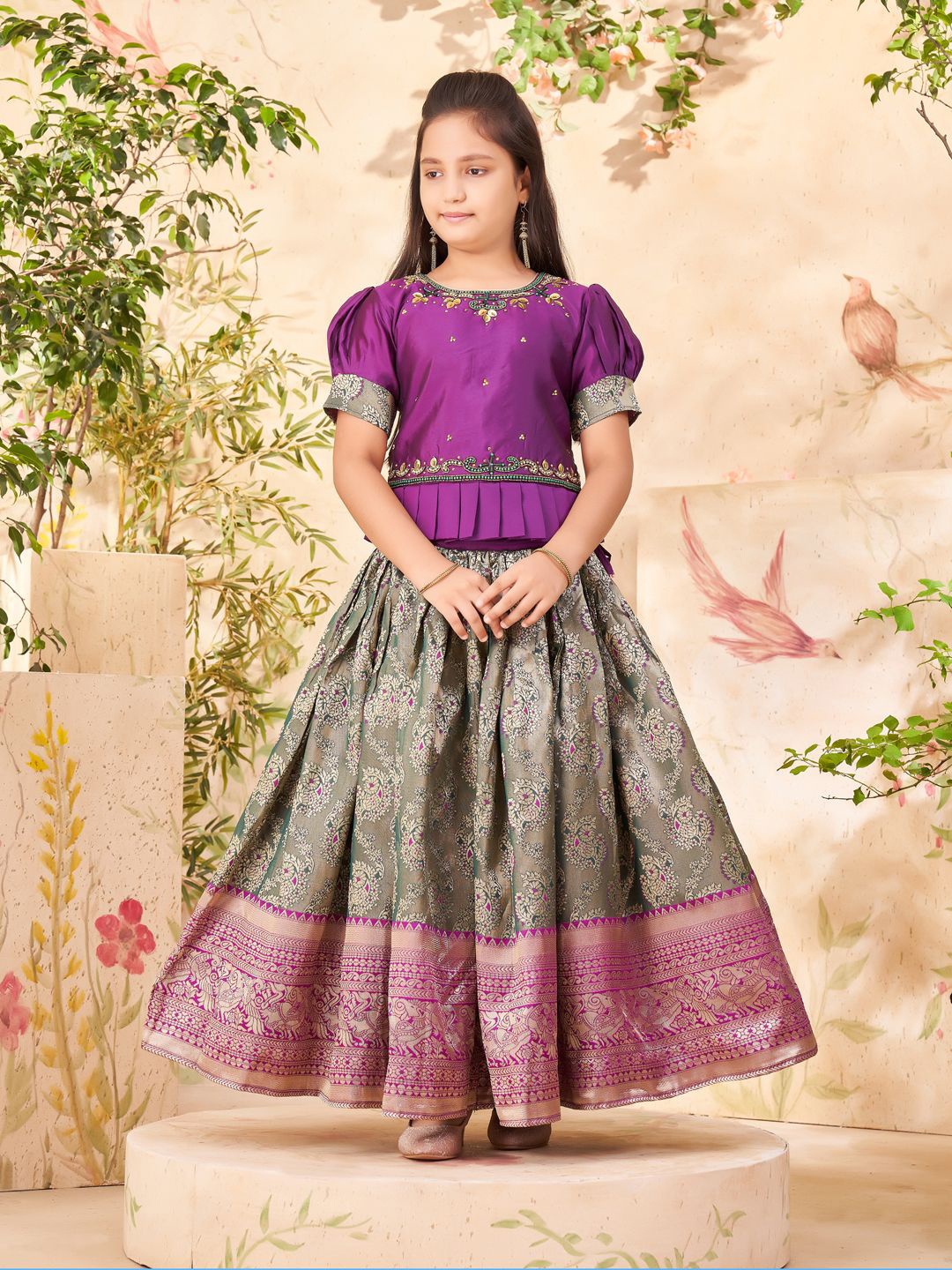 

BAESD Girls Embroidered Beads and Stones Ready to Wear Lehenga & Blouse, Purple