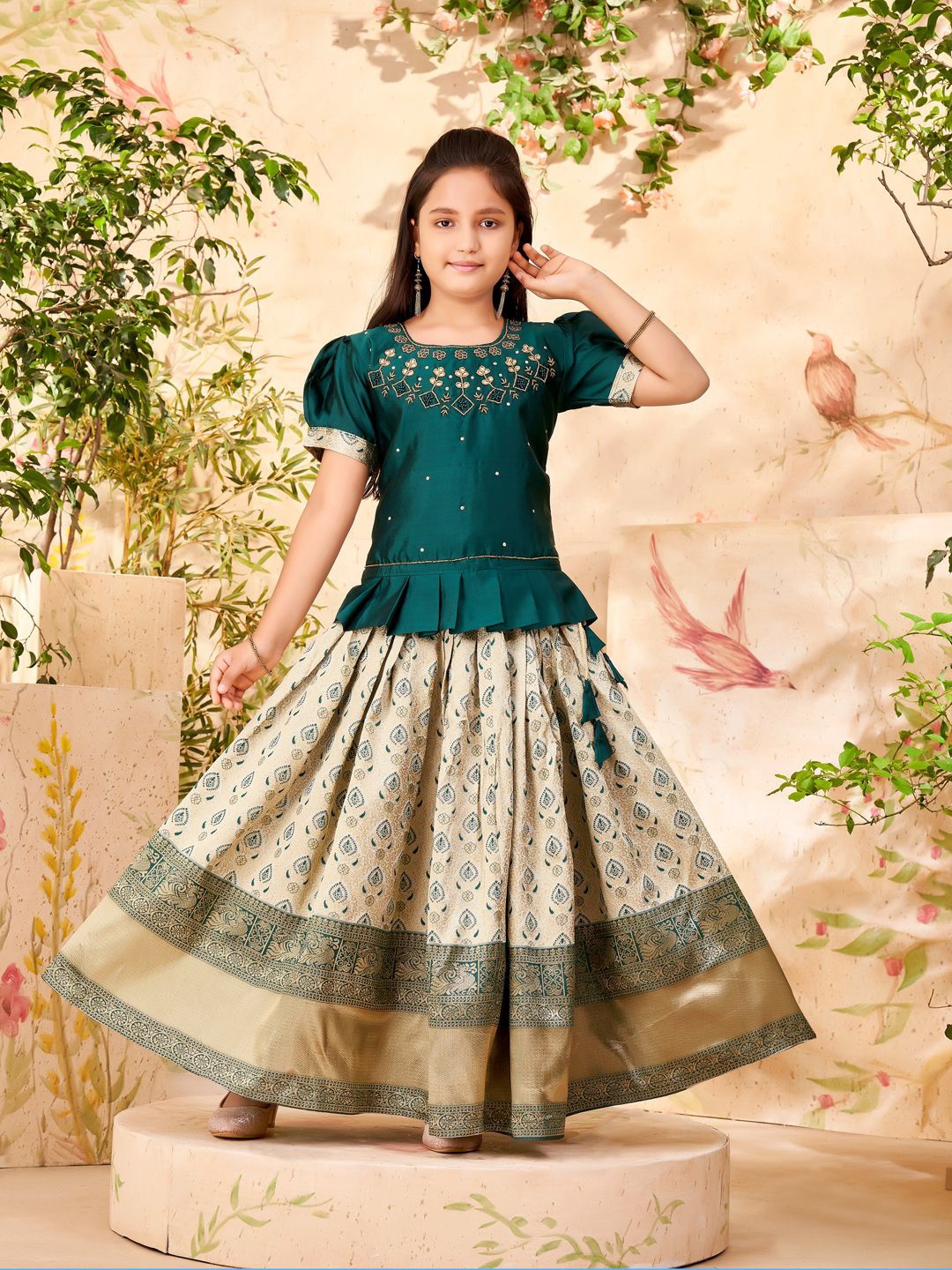 

BAESD Girls Embellished Puffed Sleeves Zari Ready to Wear Lehenga Choli, Green