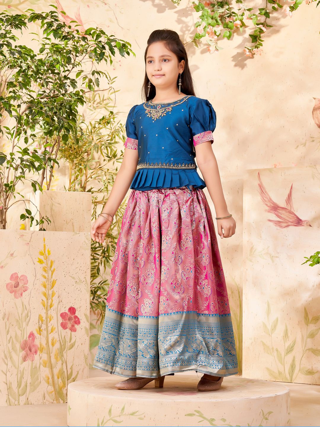 

BAESD Girls Embroidered Puffed Sleeves Beads and Stones Ready to Wear Lehenga Choli, Blue