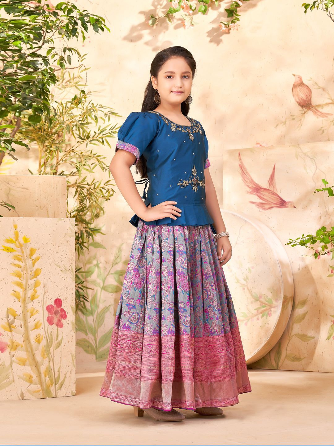 

BAESD Girls Embellished Puffed Sleeves Zari Silk Ready to Wear Lehenga Choli, Turquoise blue