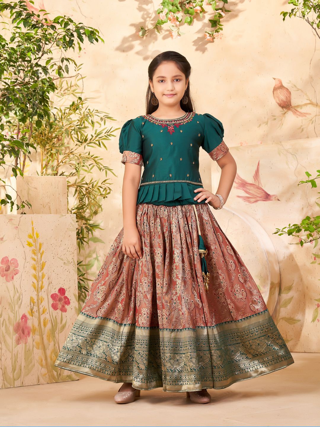 

BAESD Girls Embellished Puffed Sleeves Ready to Wear Lehenga Choli, Green
