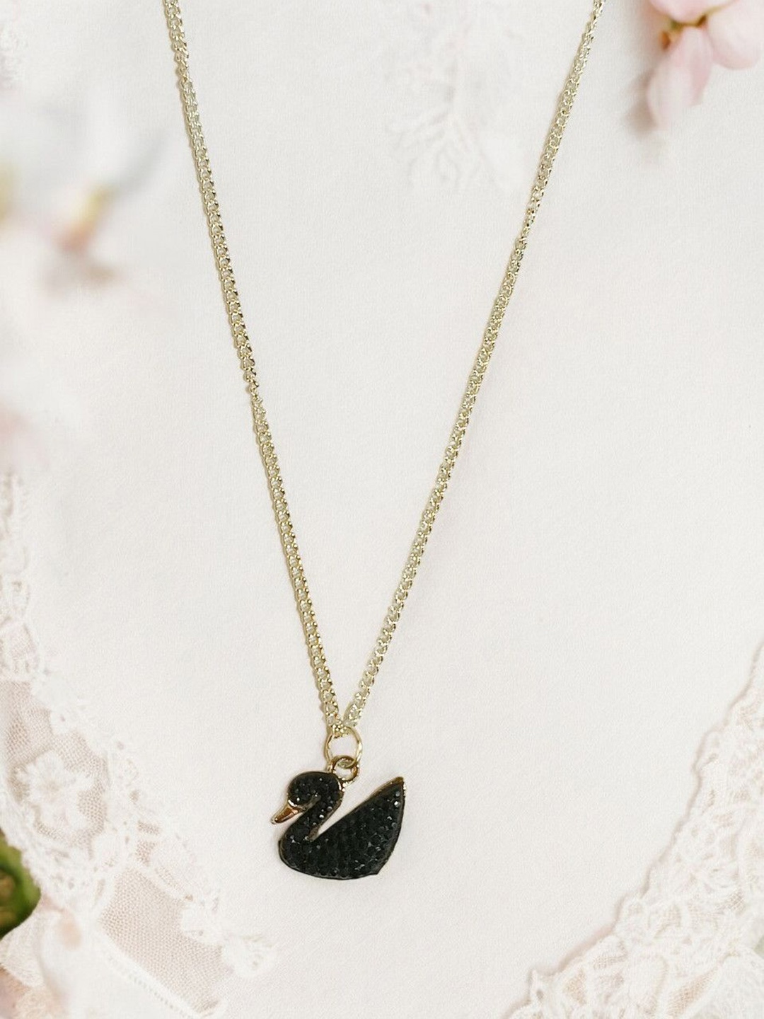 

FEMMIBELLA Silver-Plated Swan Studded Pendant with Chain, Gold