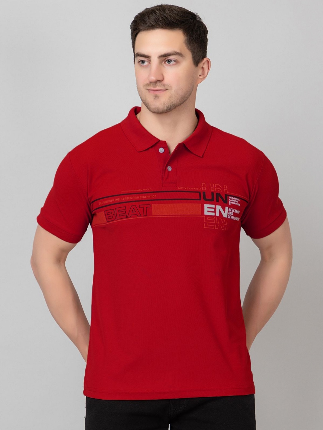 

ZEFFIT Men Typography Printed Polo Collar T-shirt, Red