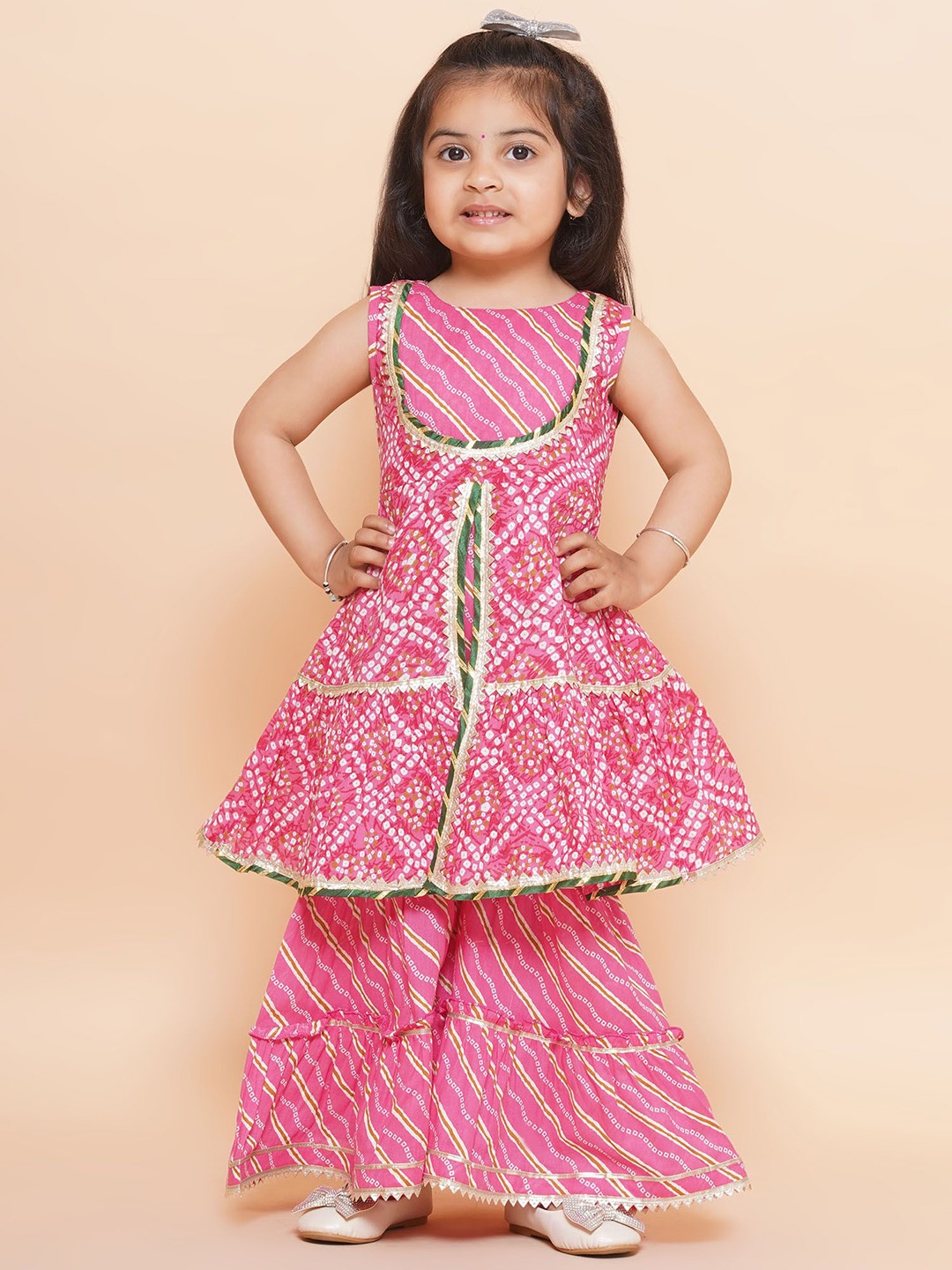 

BAESD Girls Bandhani Printed Regular Pure Cotton Anarkali Kurti With Sharara, Pink
