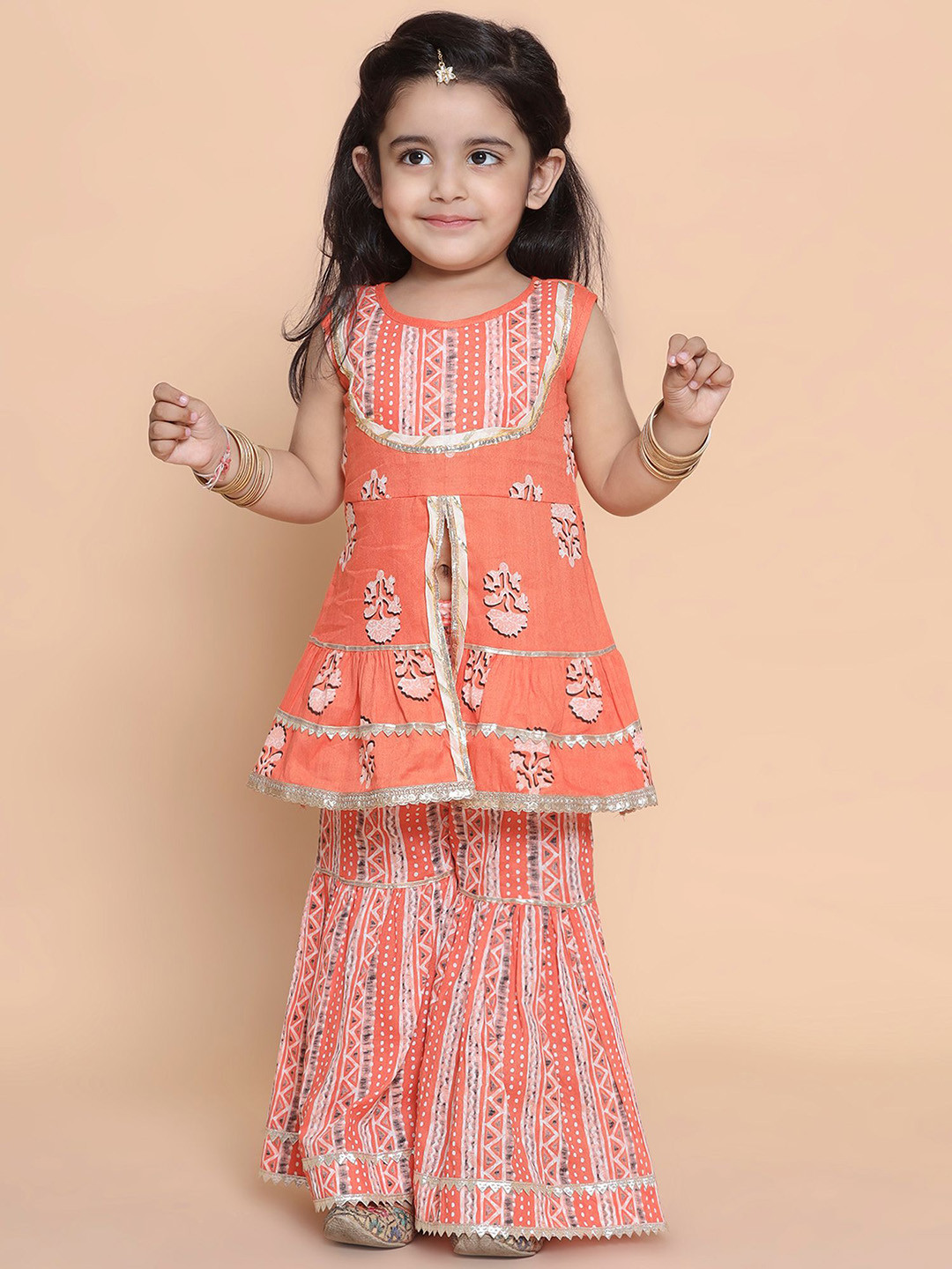 

BAESD Girls Floral Printed Regular Gotta Patti Pure Cotton A-Line Kurta With Sharara, Peach