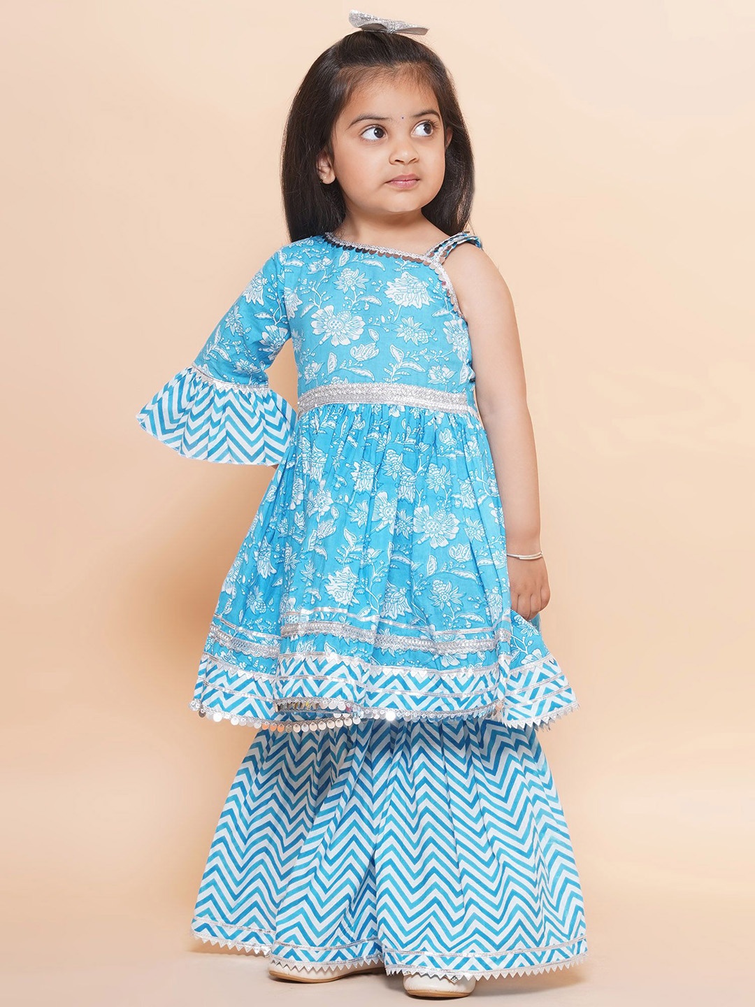 

BAESD Girls Floral Printed Regular Mirror Work Pure Cotton Anarkali Kurta With Sharara, Blue