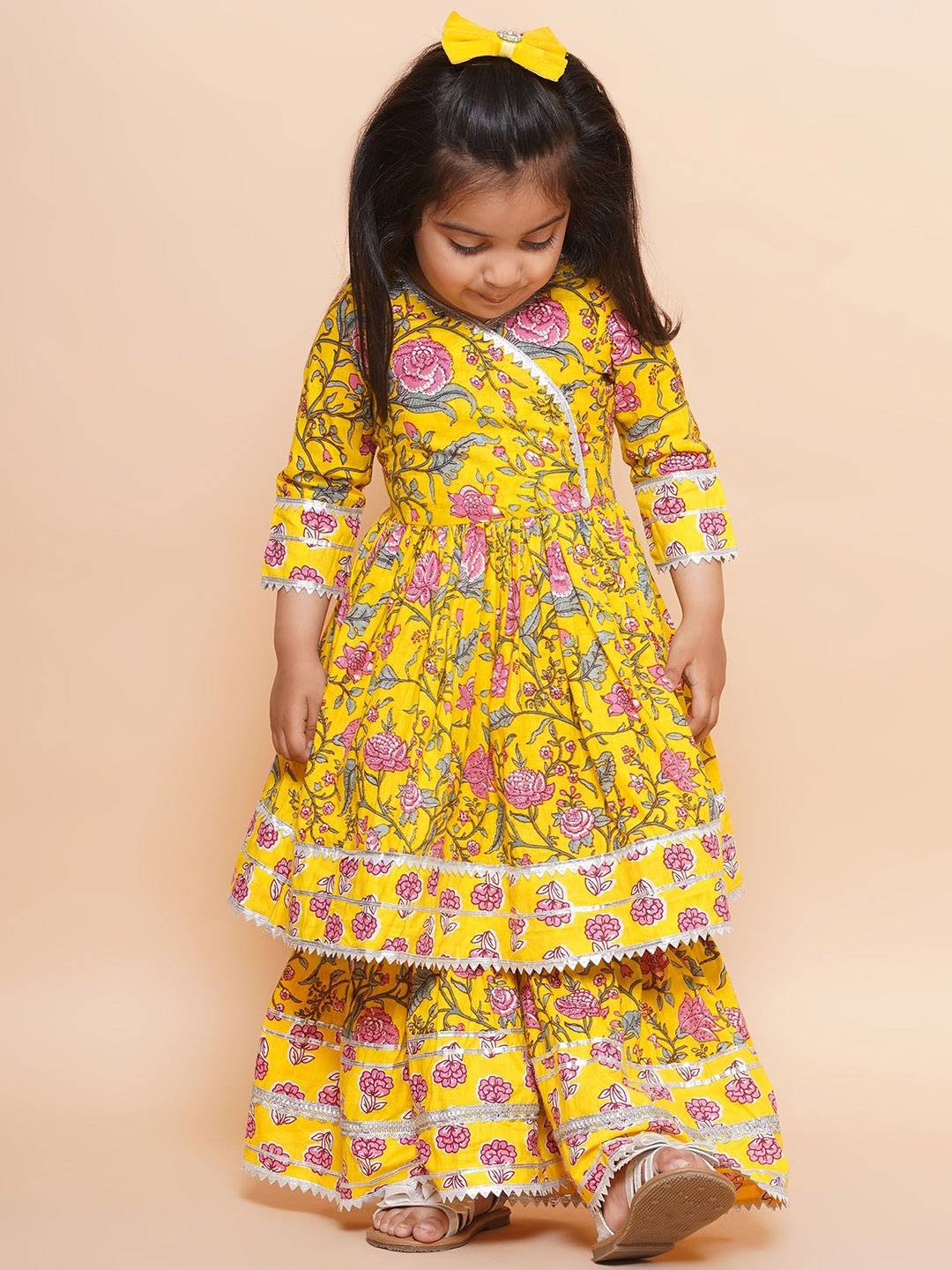 

BAESD Girls Floral Printed Angrakha Gotta Patti Pure Cotton Anarkali Kurta With Sharara, Yellow