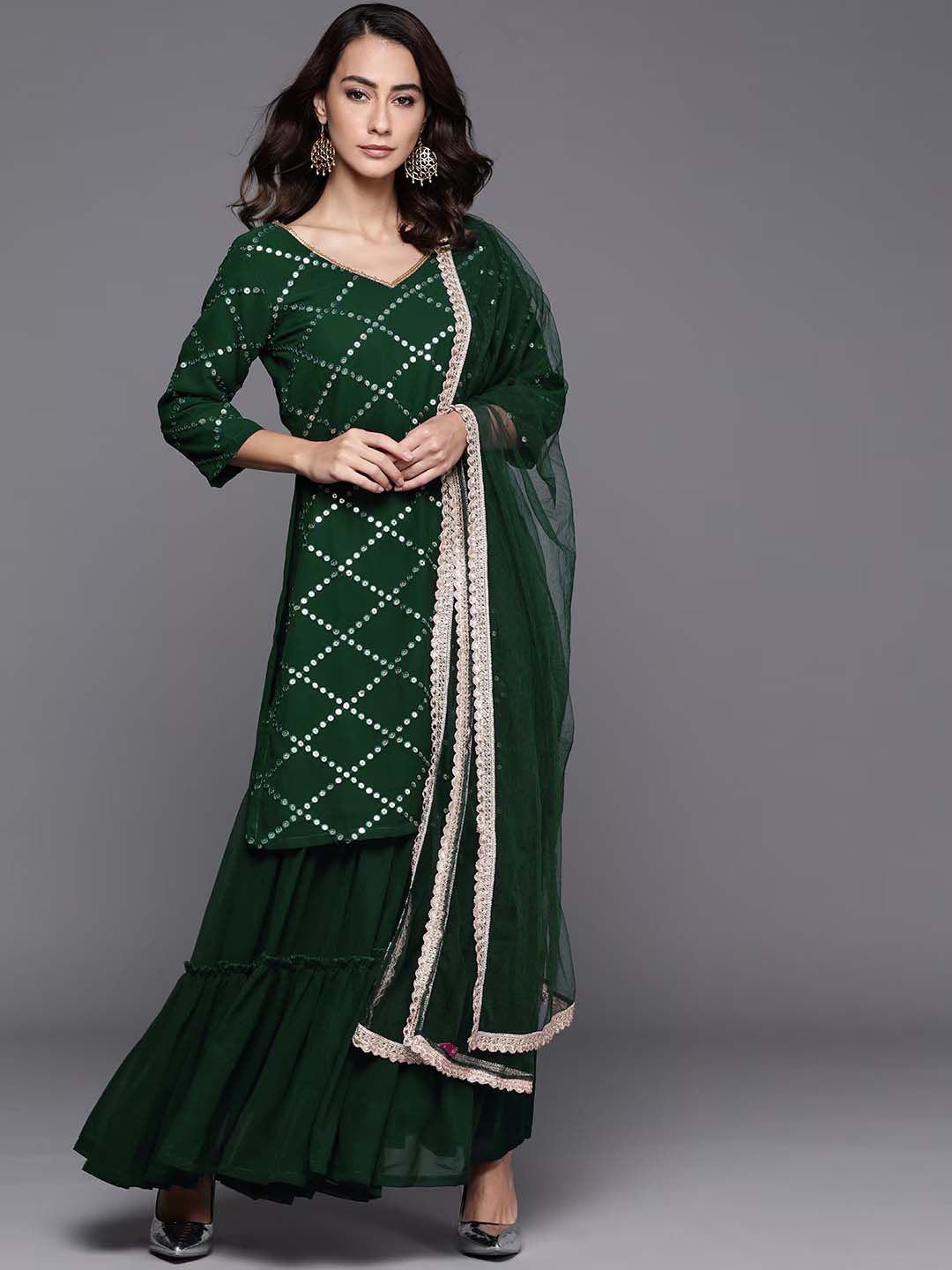 

YOYO Fashion Embroidered Sequinned Georgette Straight Kurta With Sharara & Dupatta, Green