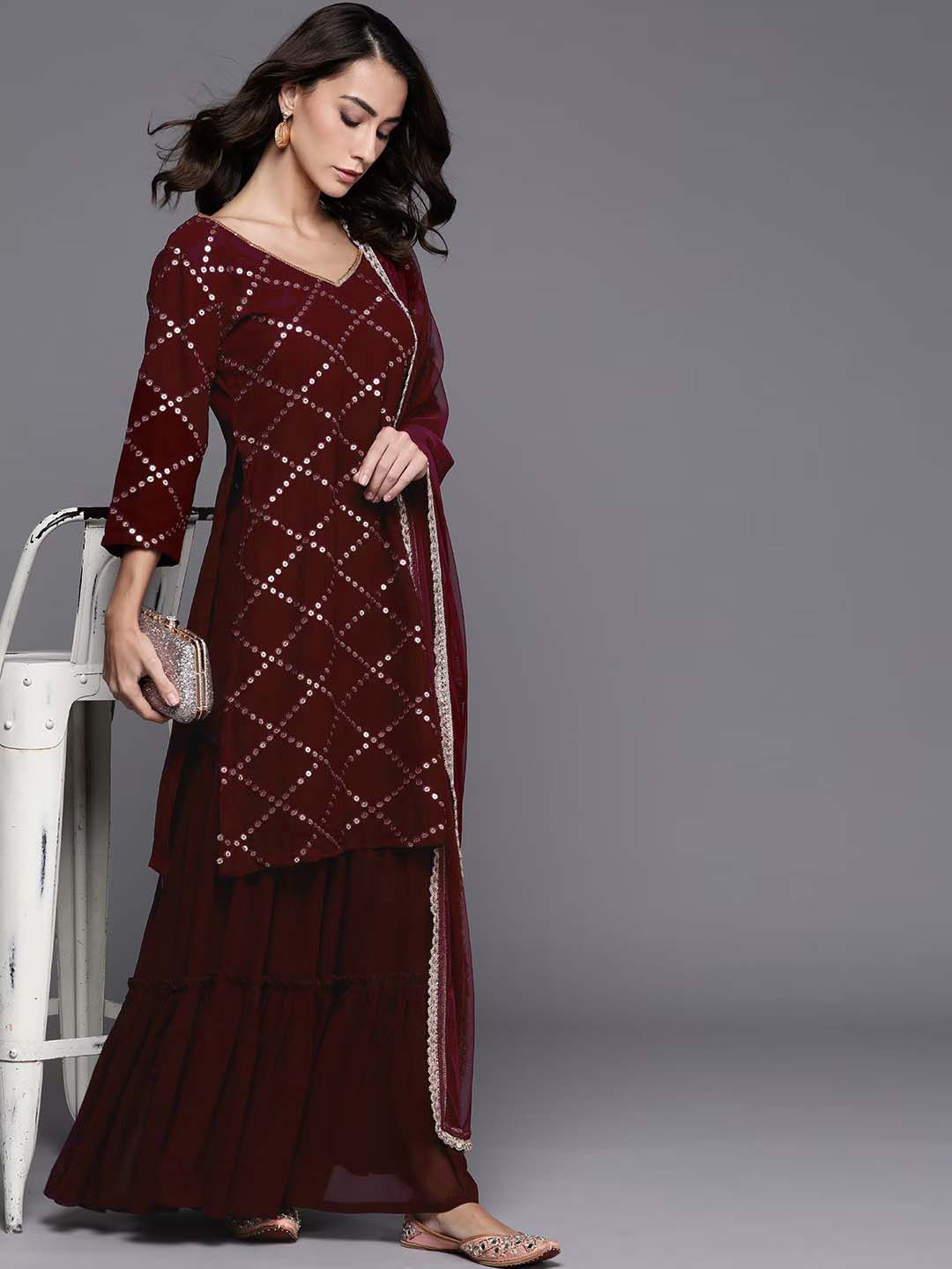 YOYO Fashion Embroidered Sequinned Georgette Straight Kurta With Sharara & Dupatta, Maroon
