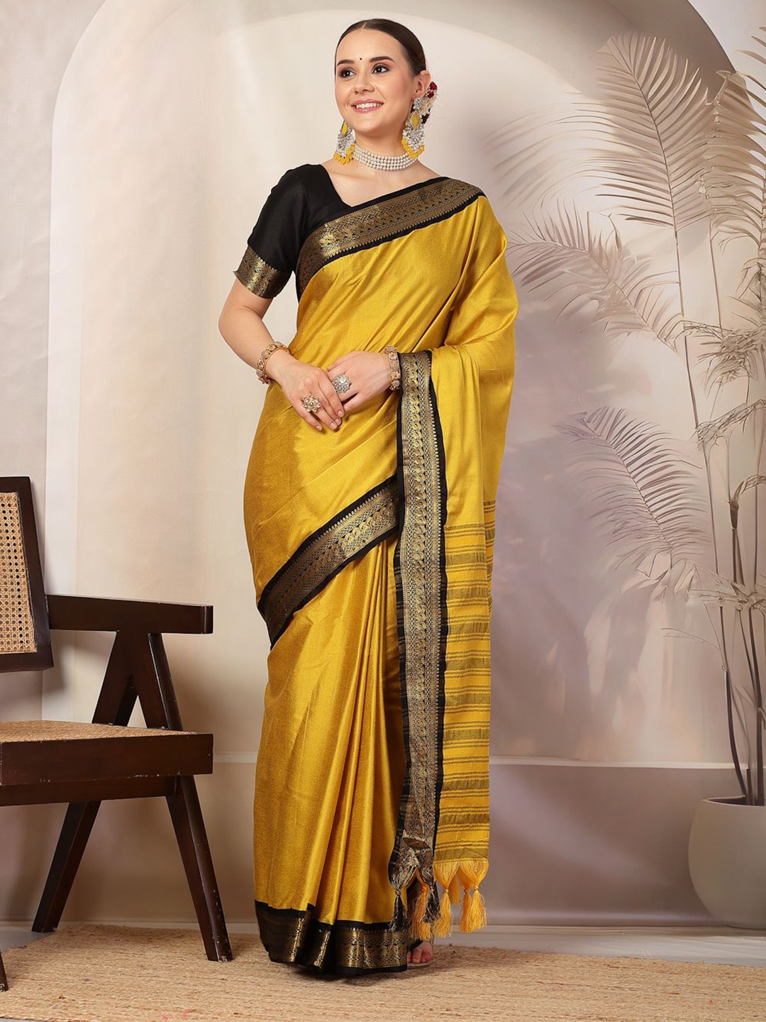 

Stylum Ethnic Motif Zari Woven Tassel Detail Banarasi Saree, Mustard