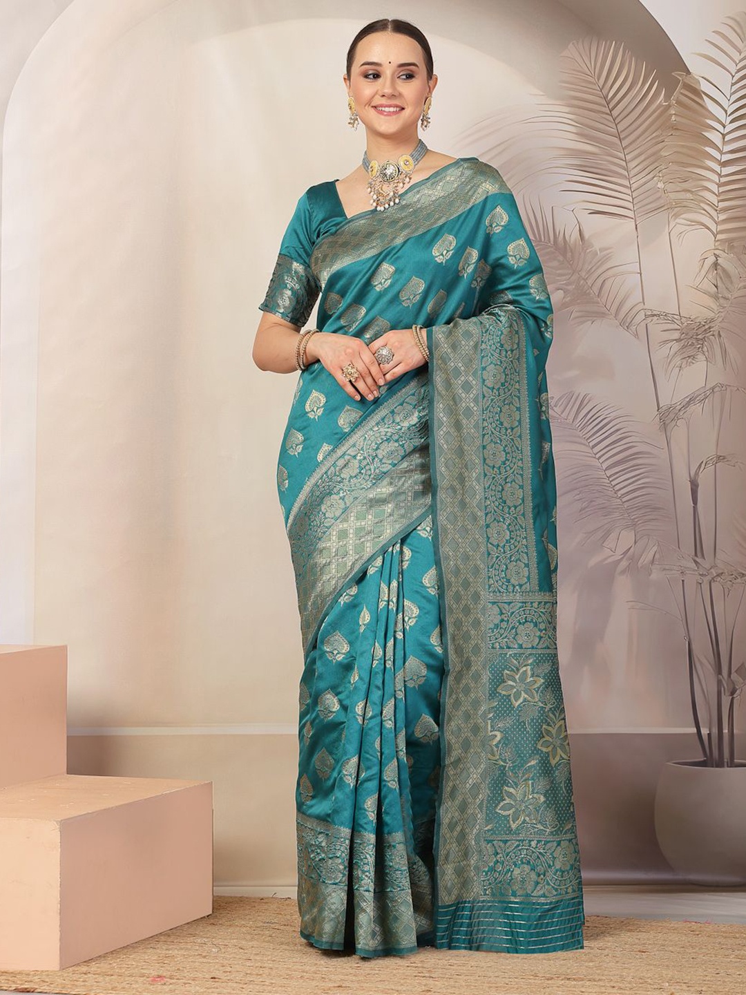

Stylum Ethnic Motifs Zari Woven Banarasi Saree, Turquoise blue