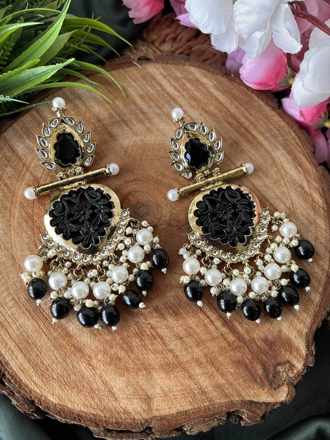 

DressBerry Black Gold-Plated Stone Studded & Beaded Classic Drop Earrings