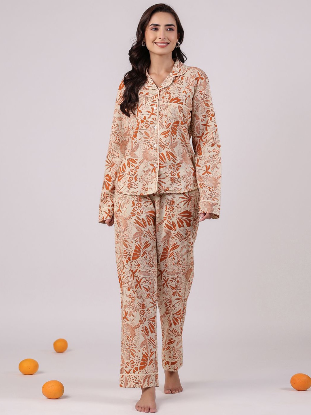 

SANSKRUTIHOMES Women Printed Cotton Night suit, Beige