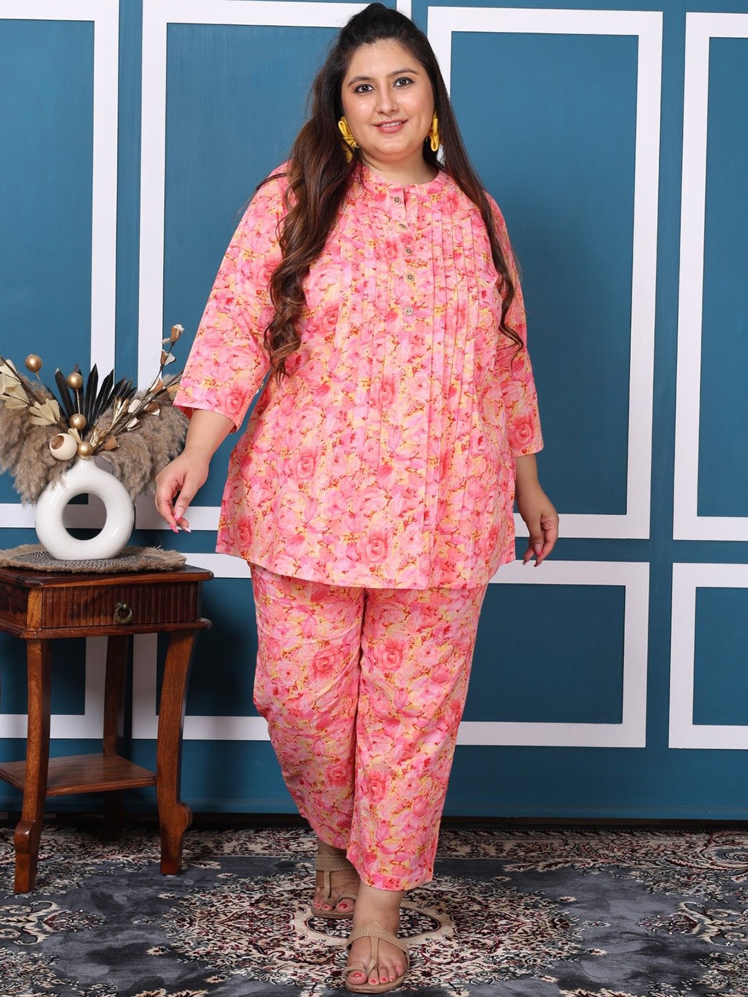 

Swasti Plus Size Printed Cotton Mandarin Neck Tunic With Trouser Co-Ords, Pink