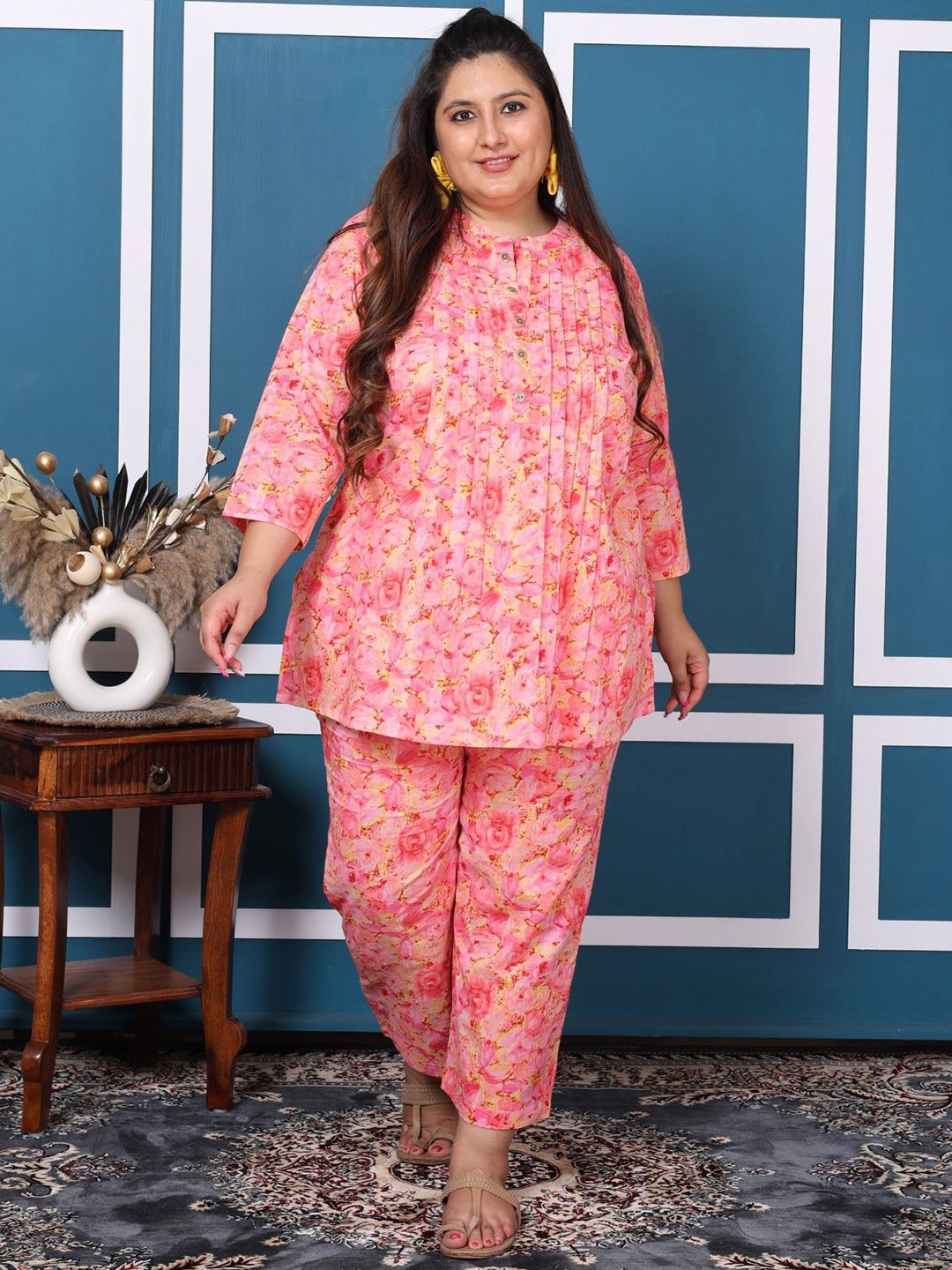 

KALINI Plus Size Printed Pure Cotton Tunic With Trouser, Pink