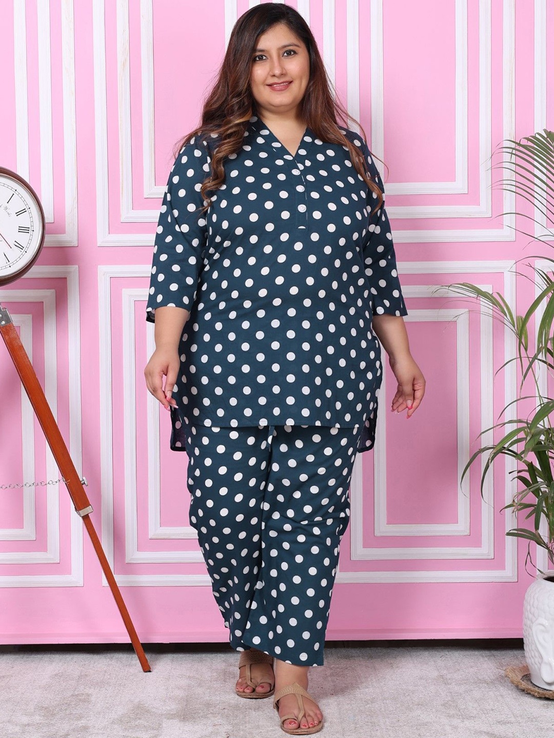 

KALINI Plus Size Printed Pure Cotton Tunic With Trouser, Blue