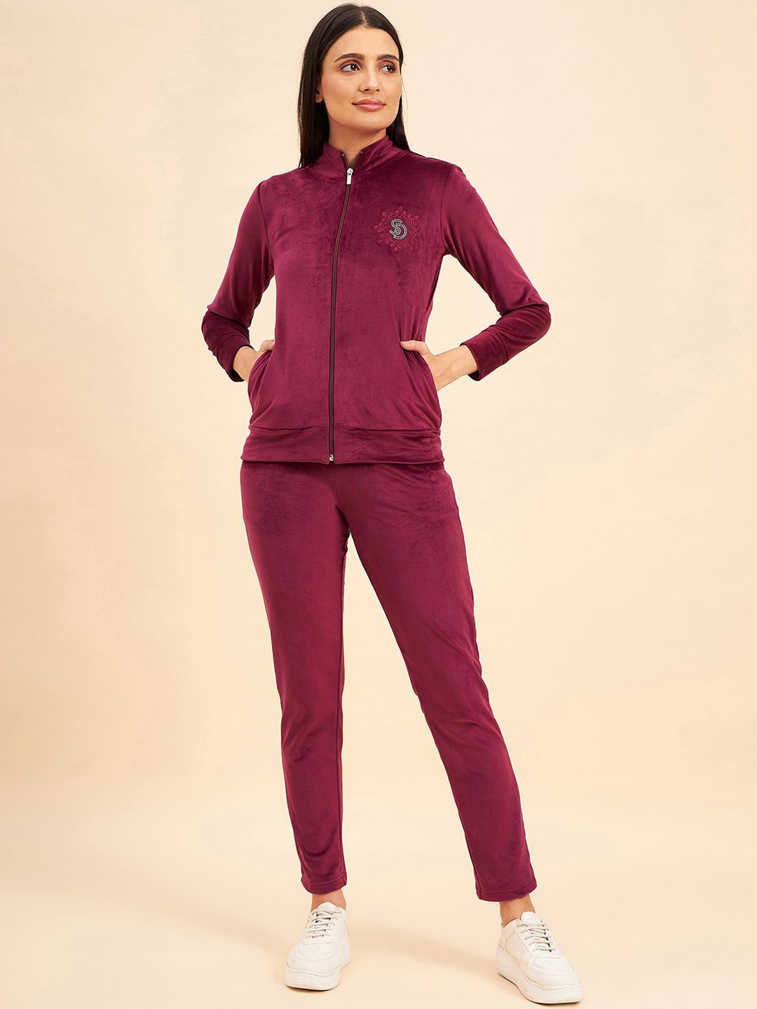 

Sweet Dreams Women Mock Collar Tracksuit, Maroon