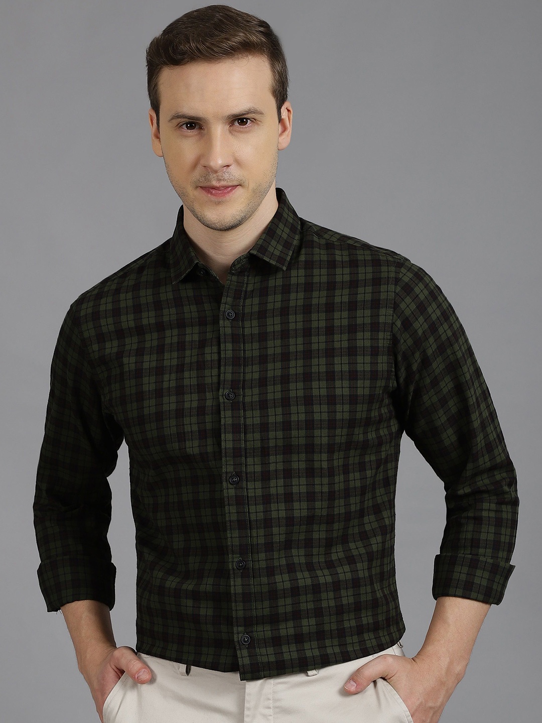 

Gavin Paris Men Classic Tartan Checks Spread Collar Semiformal Shirt, Green