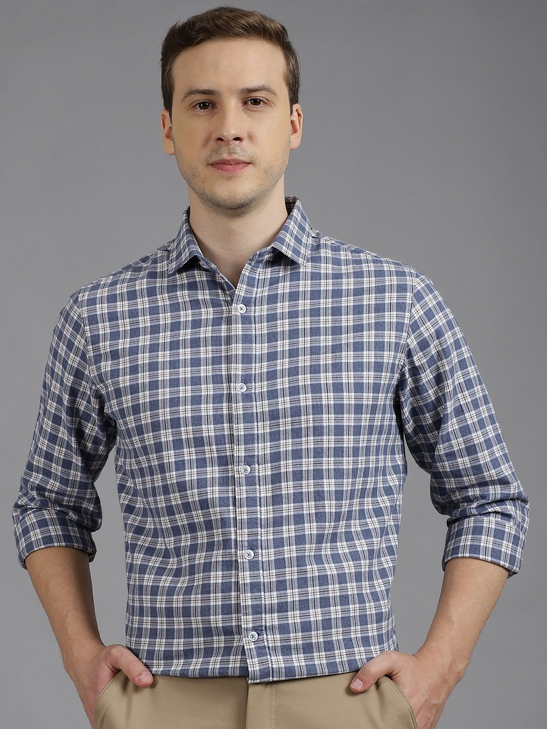 

Gavin Paris Men Classic Tartan Checks Spread Collar Semiformal Shirt, Blue