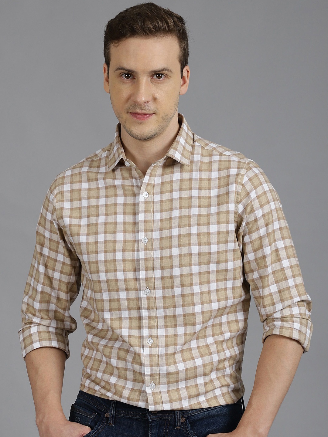 

Gavin Paris Men Classic Tartan Checks Spread Collar Semiformal Shirt, Beige