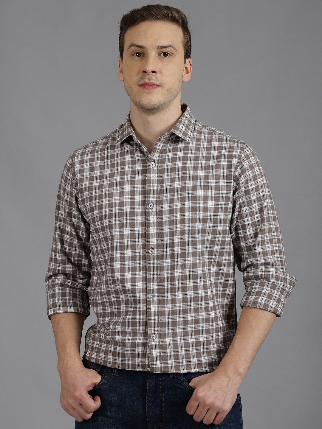 

Gavin Paris Men Classic Tartan Checks Spread Collar Semiformal Shirt, White