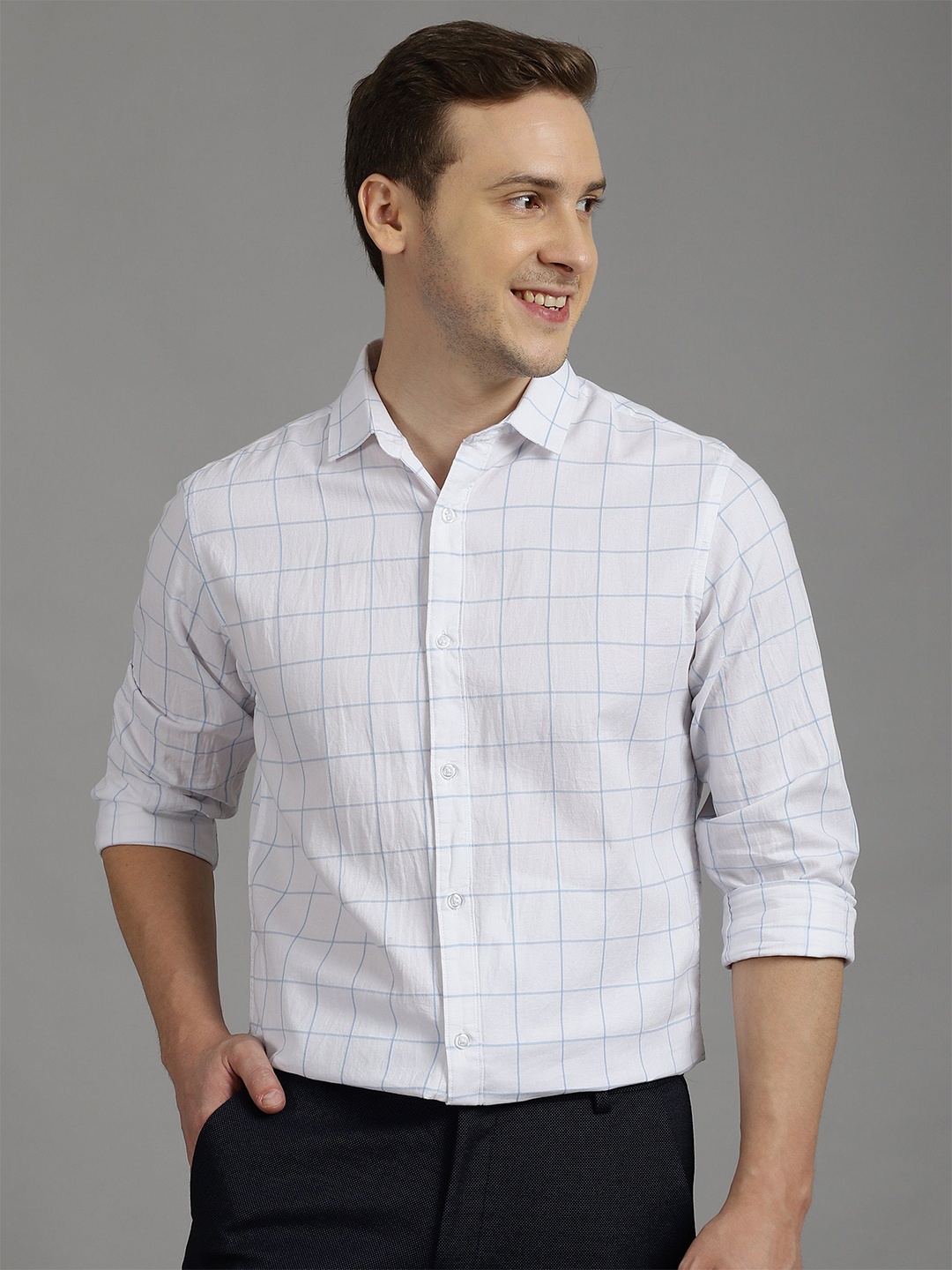 

Gavin Paris Men Classic Windowpane Checks Spread Collar Semiformal Shirt, White