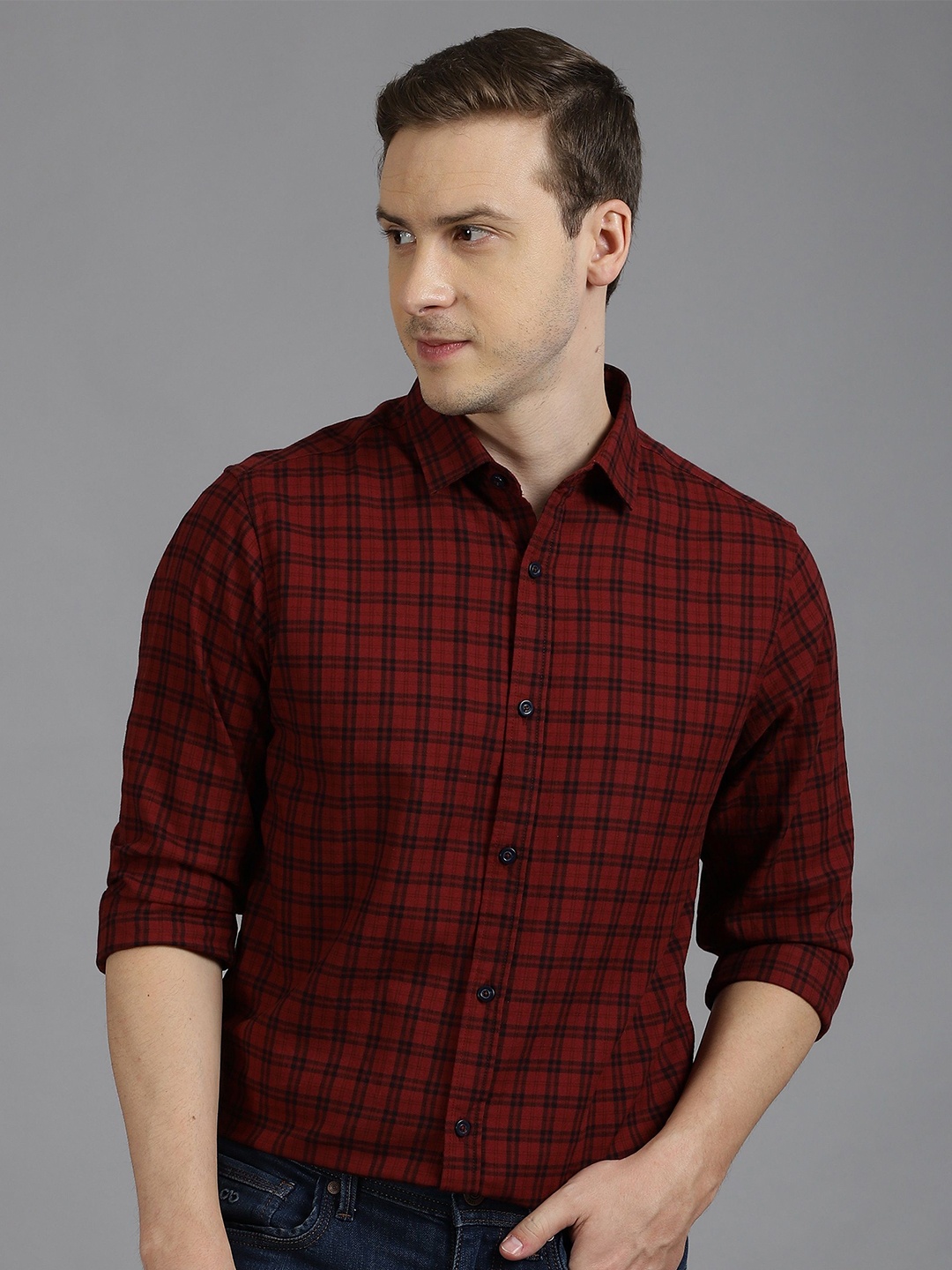 

Gavin Paris Men Classic Grid Tattersall Checks Spread Collar Semiformal Shirt, Red