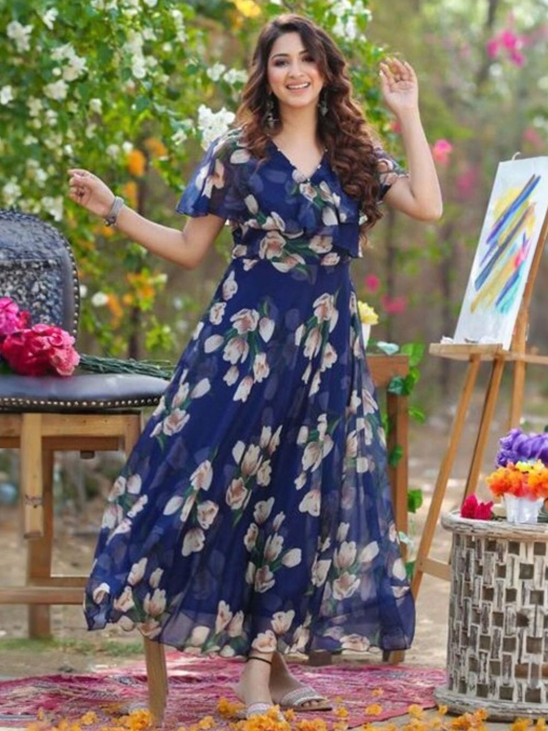 

BAESD Floral Print Ruffled Fit & Flare Maxi Dress, Blue