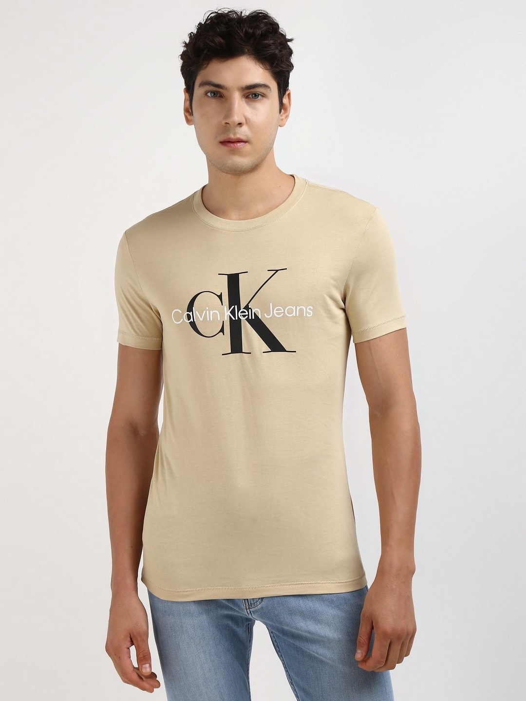 Calvin Klein Men Solid Round Neck Cotton T-shirt, Beige
