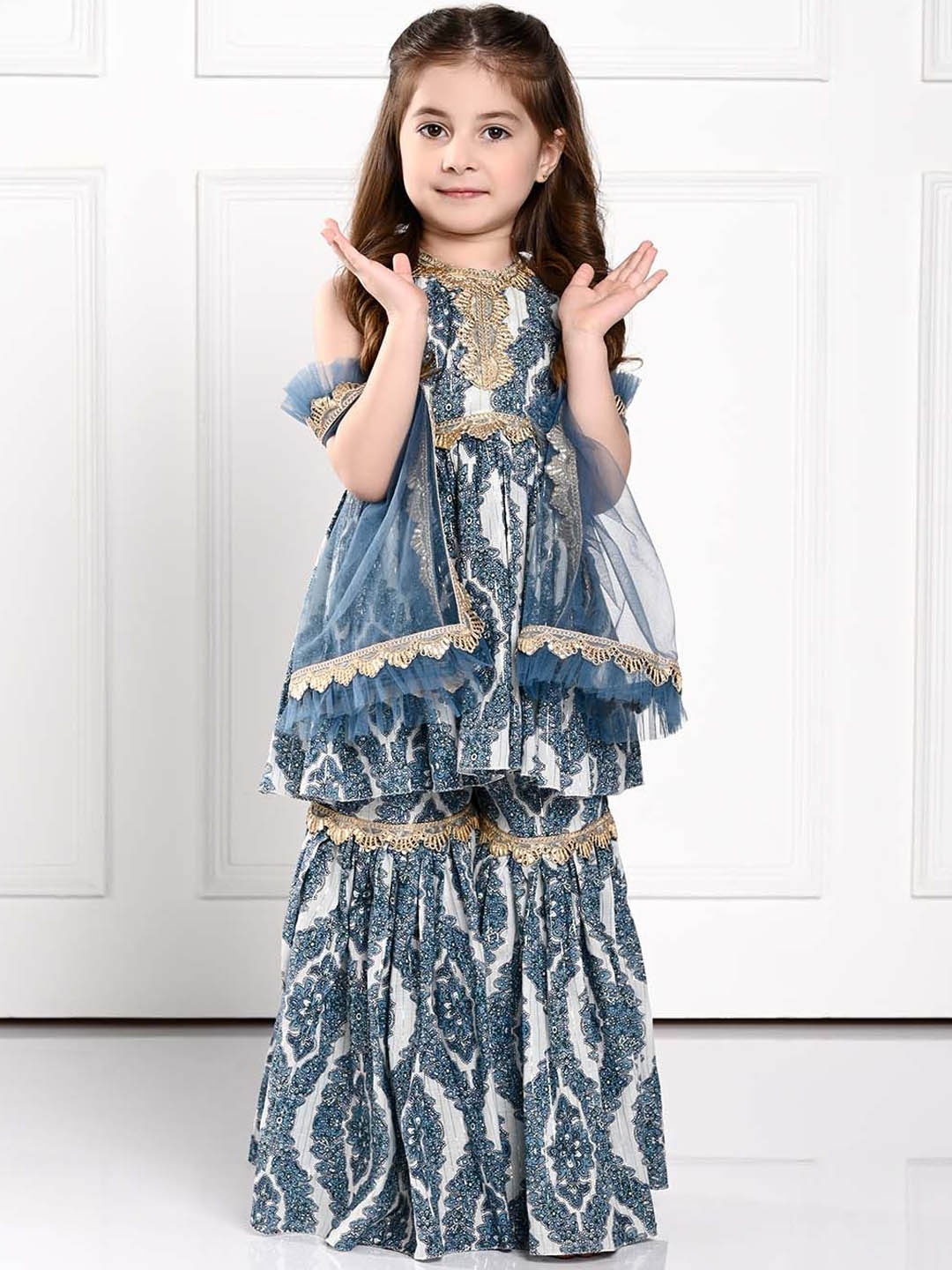 

THE PONY & PEONY CO. Girls Floral Printed Empire Gotta Patti Kurti with Sharara & Dupatta, Blue