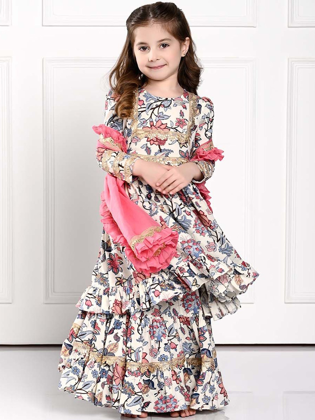 

THE PONY & PEONY CO. Girls Floral Embroidered Regular Kurta with Skirt, White