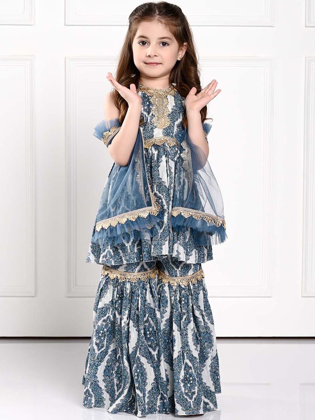 

THE PONY & PEONY CO. Girls Printed Gotta Patti Anarkali Kurti With Sharara & Dupatta, Blue