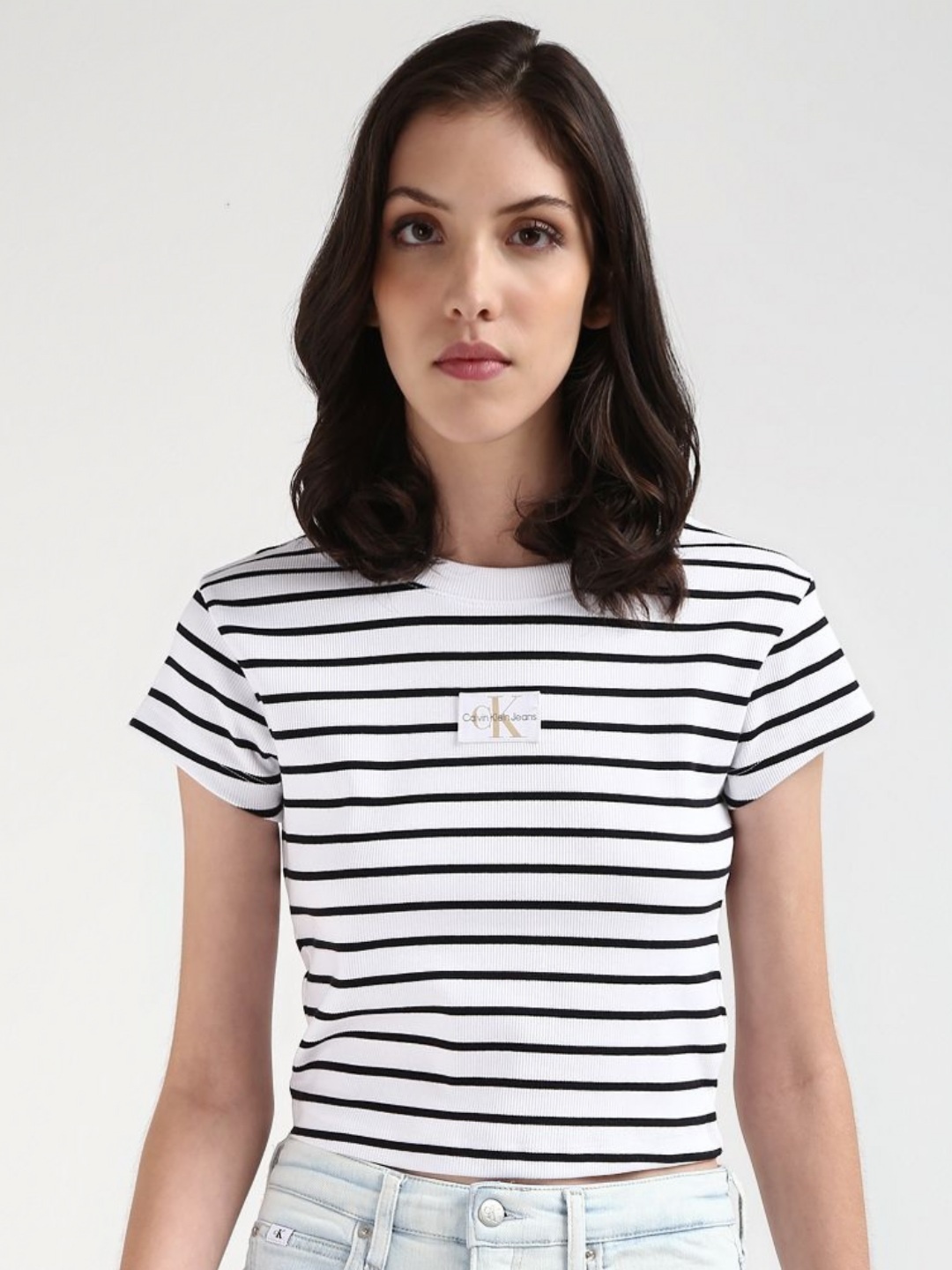 

Calvin Klein Women Striped Crop Cotton T-shirt, White