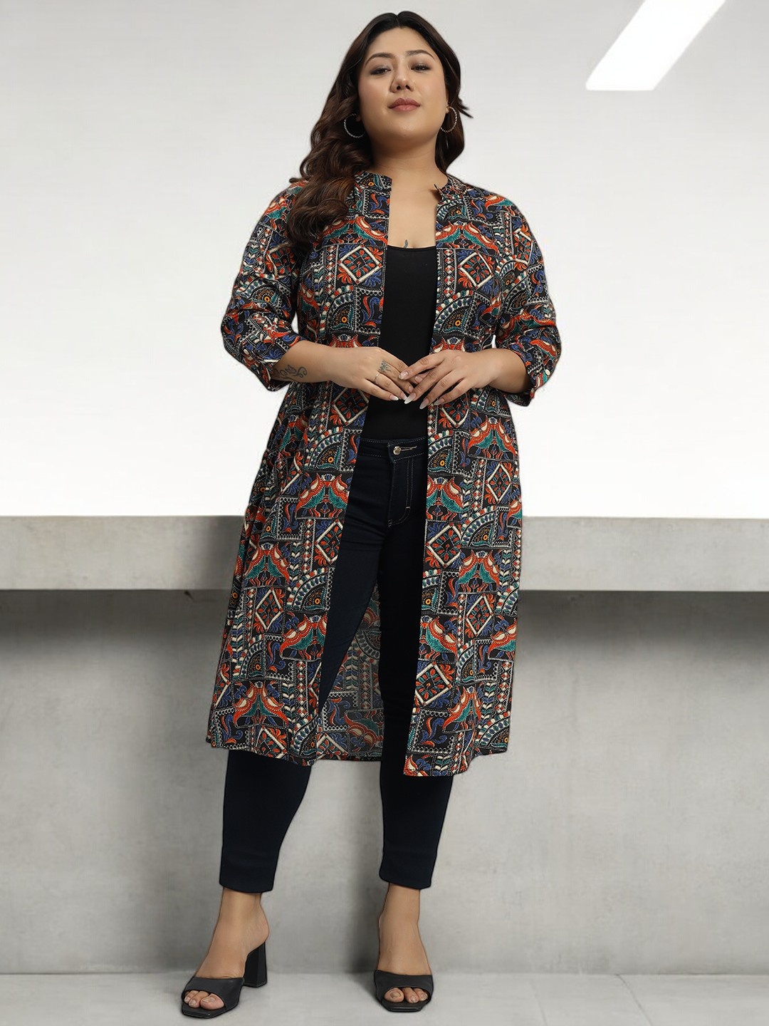 Azira Plus Size Ethnic Printed Longline Shrug, Blue