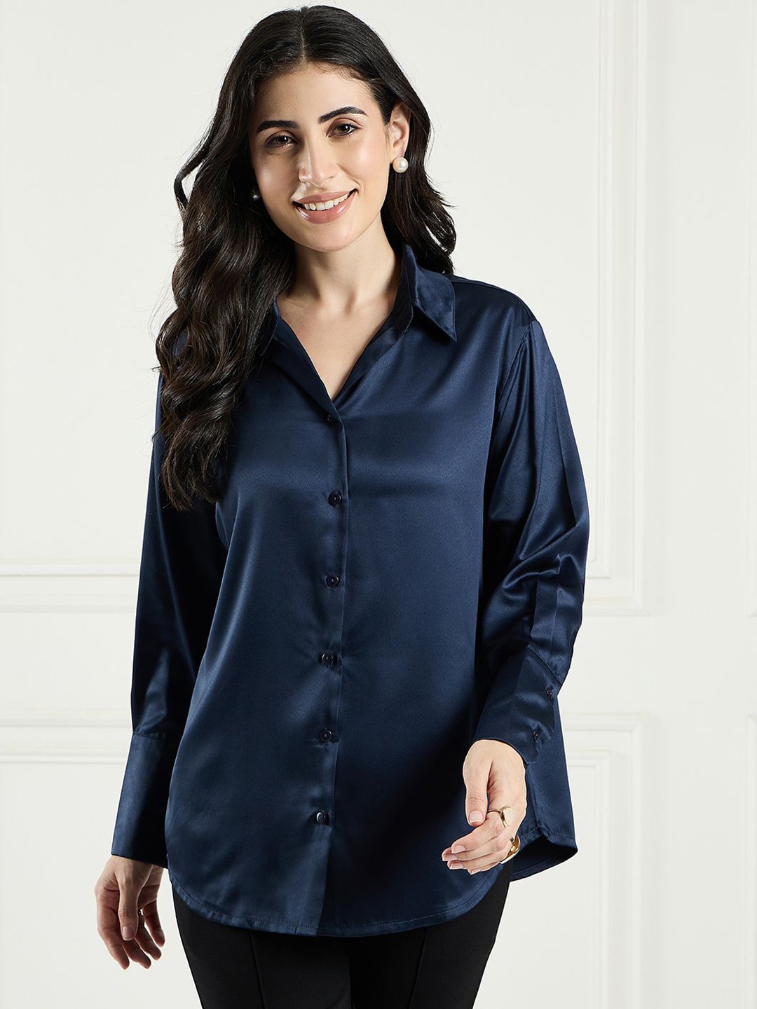 

MAGRE Women Solid Relaxed Oversized Satin Casual Shirt, Navy blue