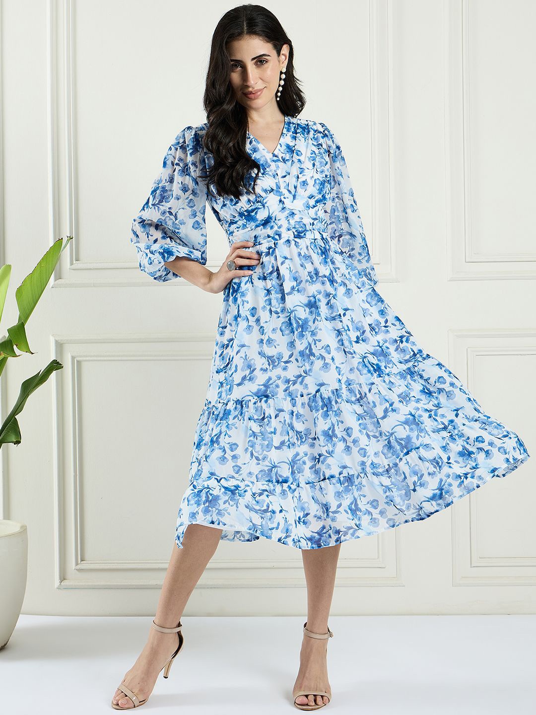 

MAGRE Floral Print Puff Sleeves Fit & Flared Midi Dress, Blue