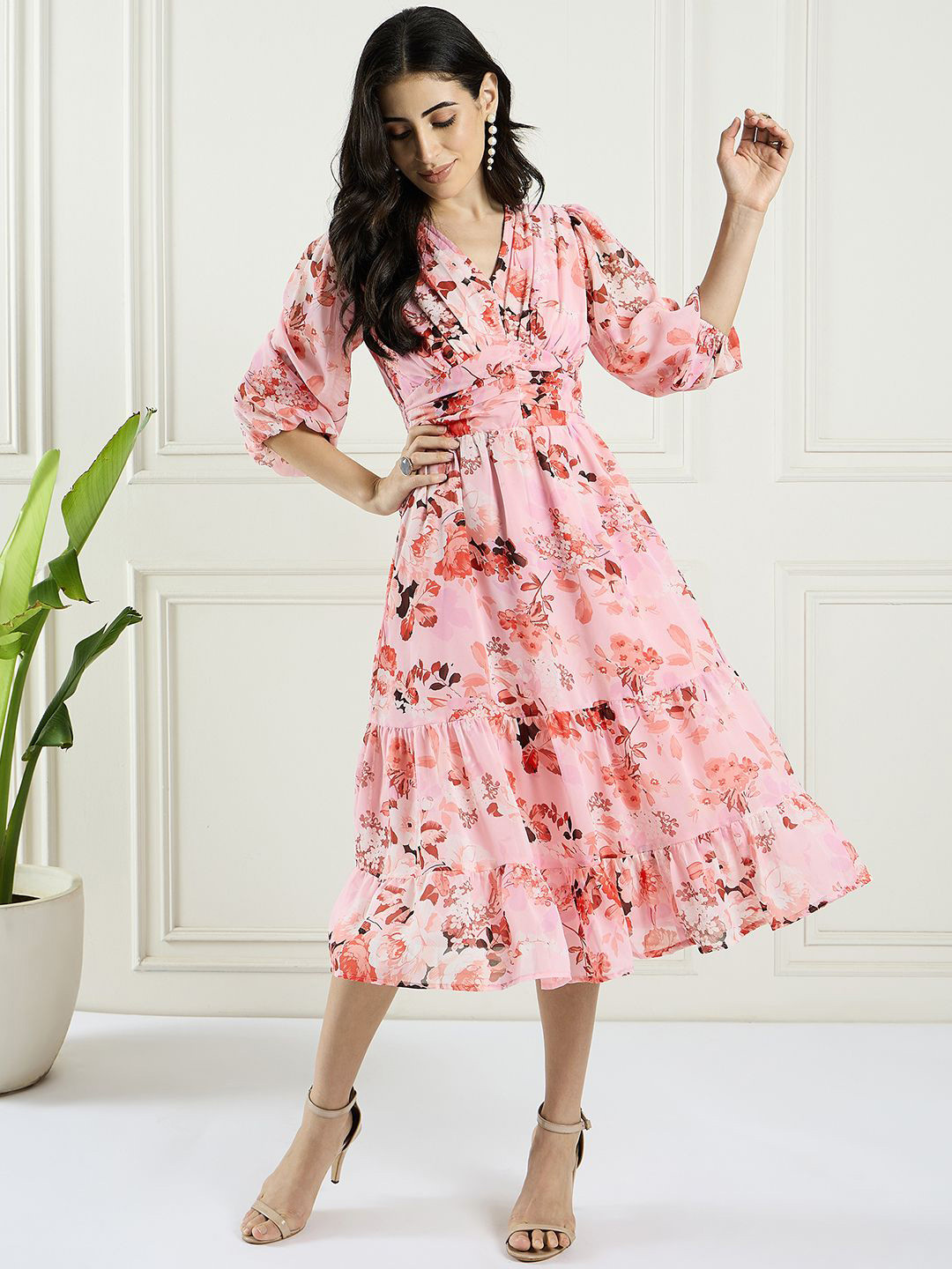 

MAGRE Floral Print Puff Sleeves Fit & Flared Midi Dress, Pink