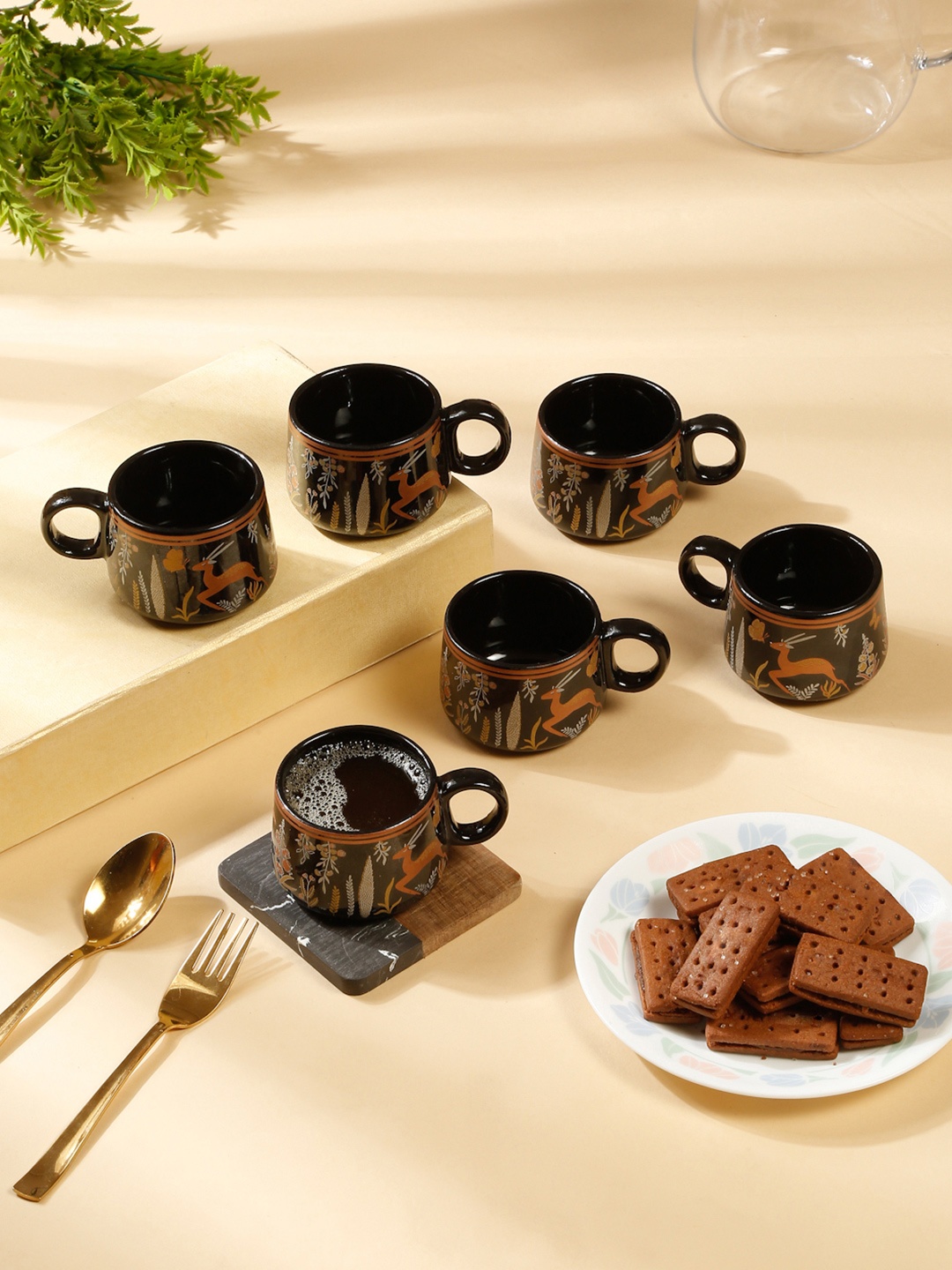 

Arrabi Black & Brown 6 Pieces Printed Ceramic Glossy Cups 120ml Each