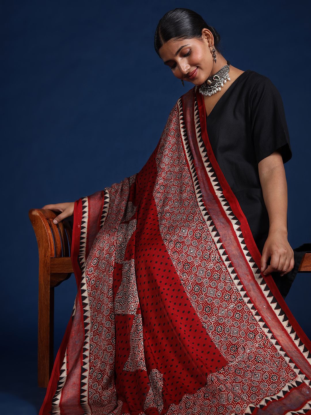 

Taavi Block Printed Ajrakh Dupatta, Red