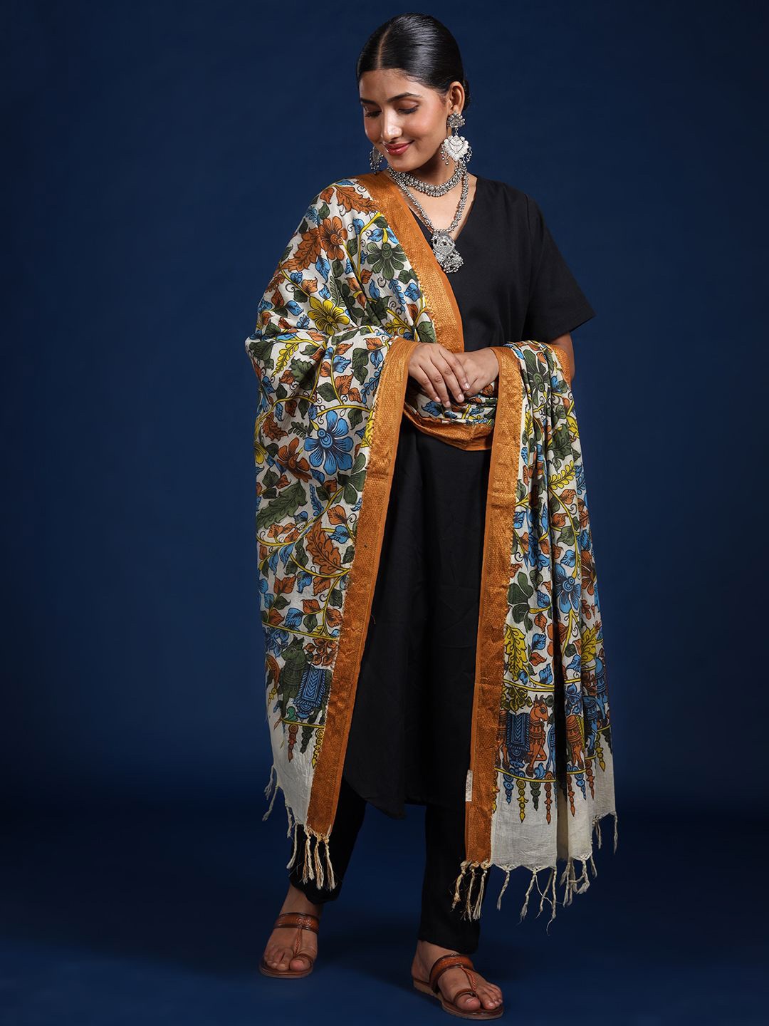 

Taavi Hand Painted Kalamkari Cotton Dupatta for Women, Yellow
