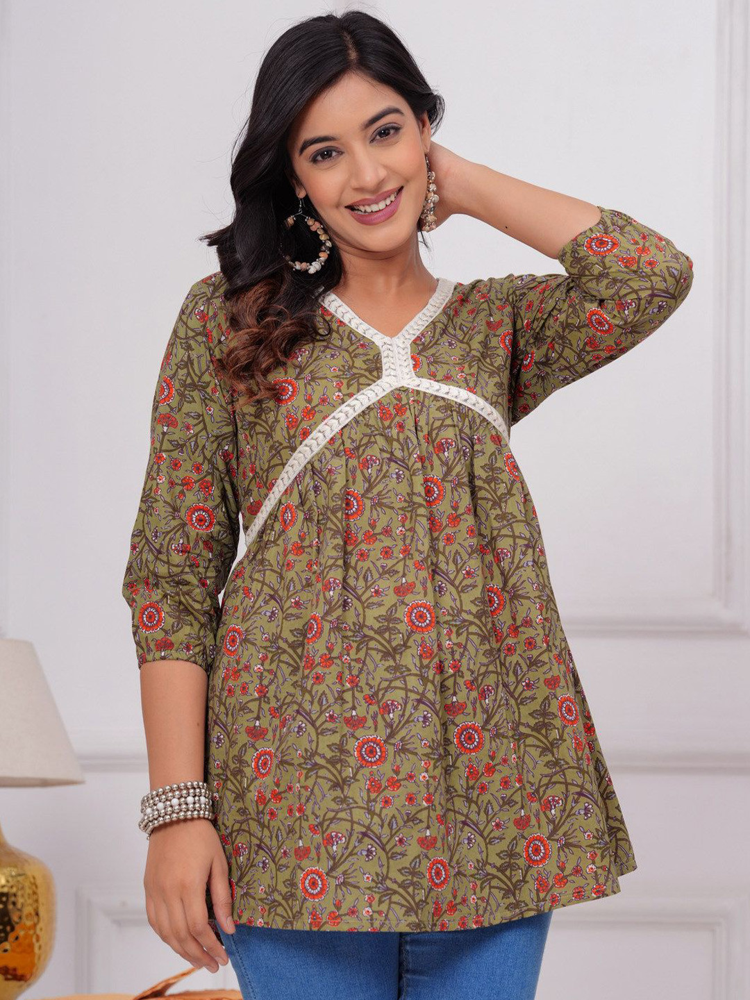 

SARAI CREATIONS Women Printed Three-Quarter Sleeves V-Neck Tunic, Olive
